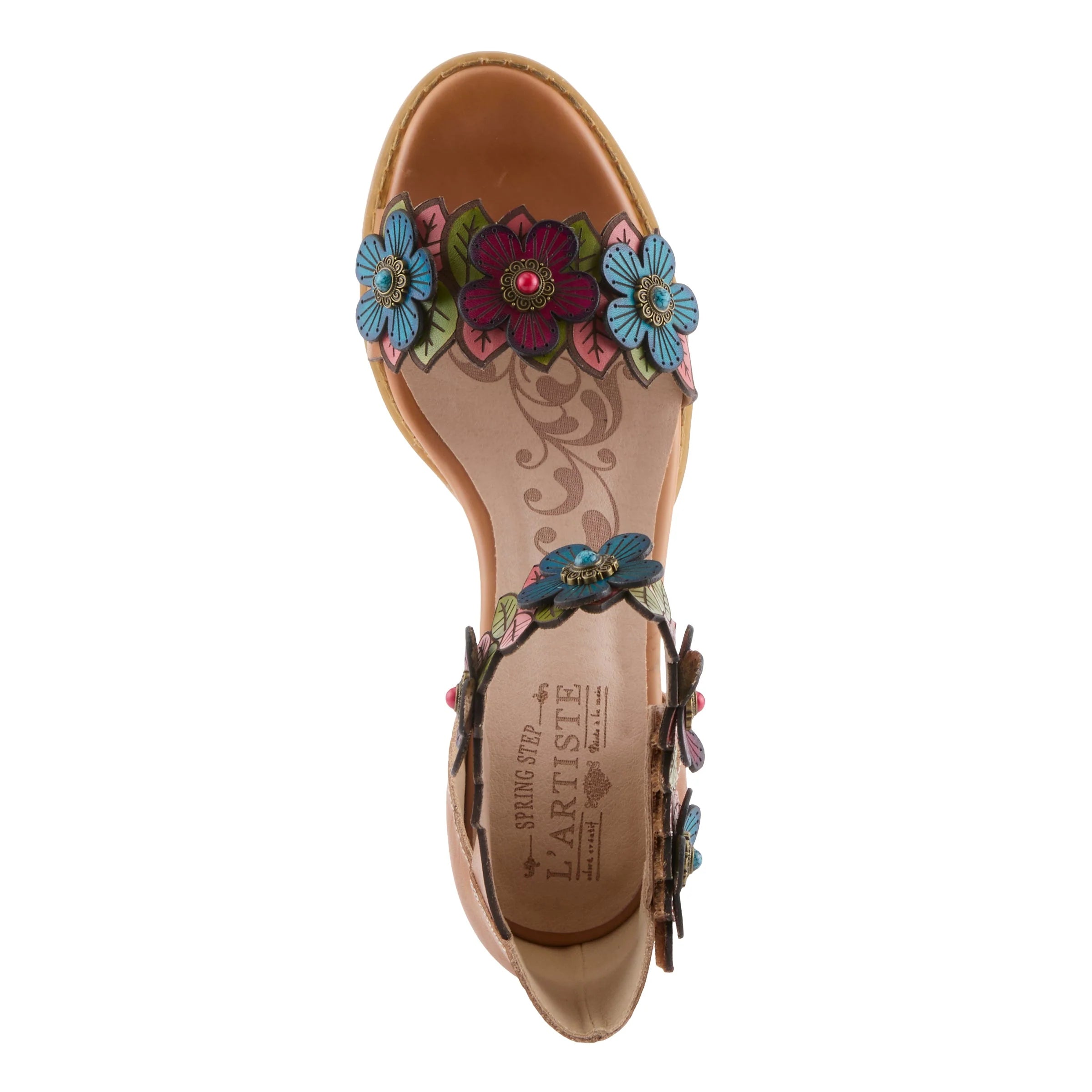 Tan sandal with floral decorations on a white background