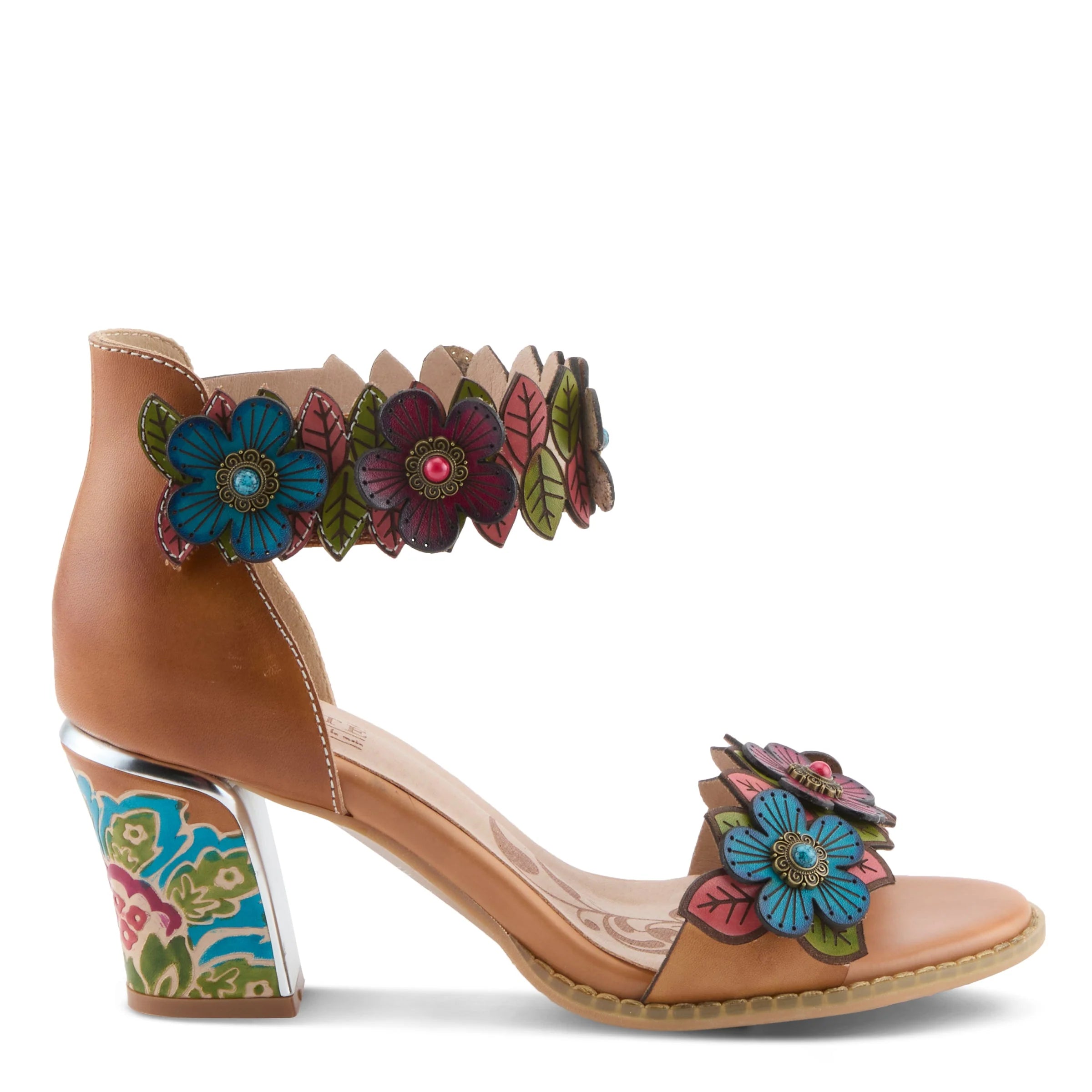 Tan sandal with floral decorations on a white background
