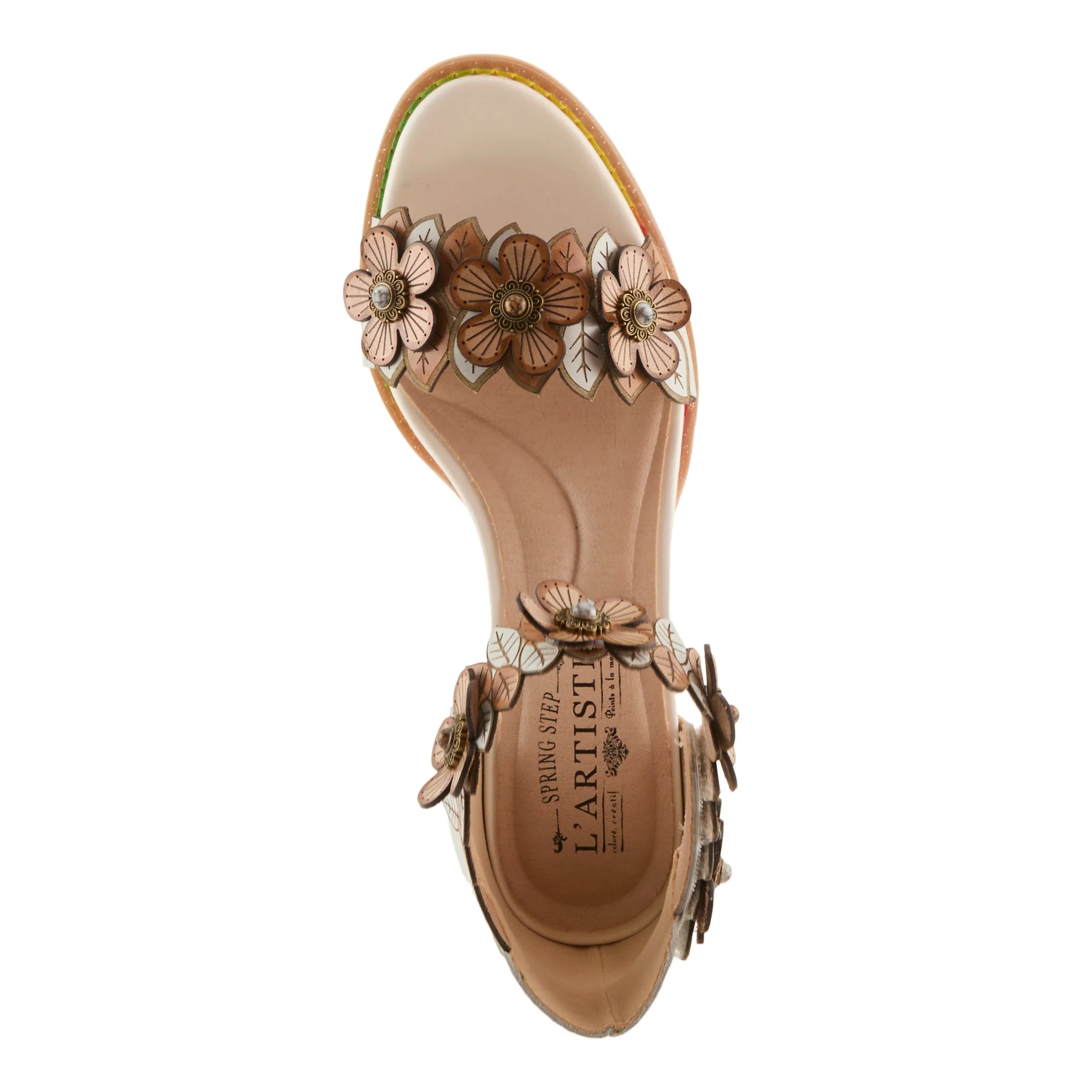 Tan sandal with floral embellishments on a white background