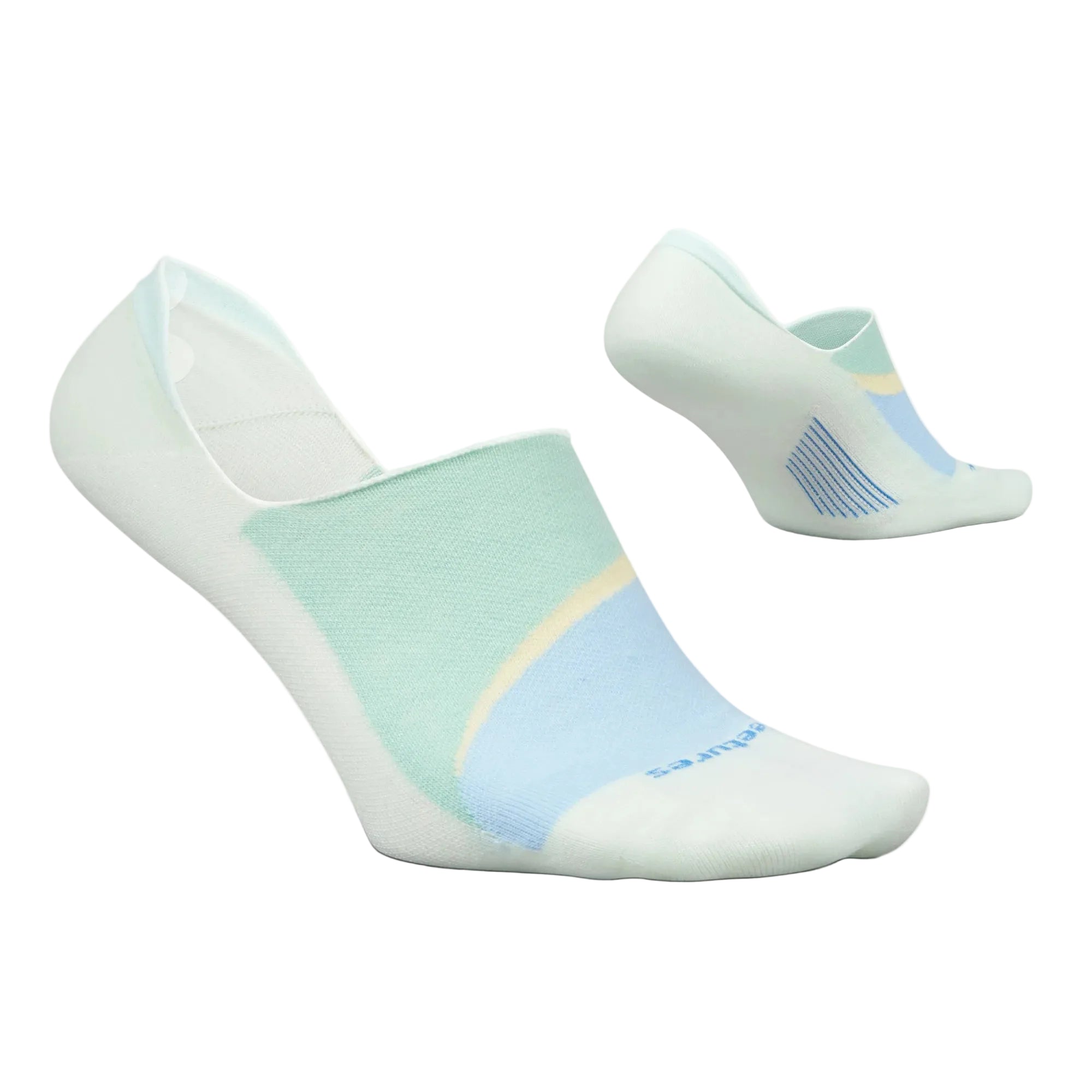 Pair of light blue and white socks on a white background