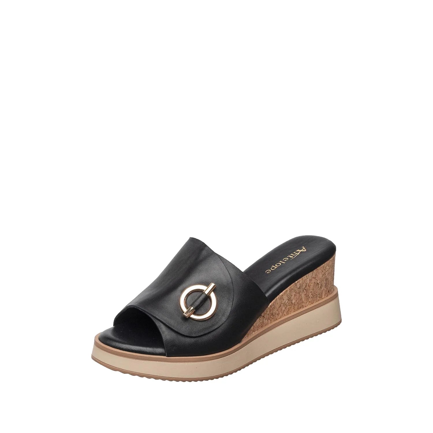 Black wedge sandal with cork sole on a white background
