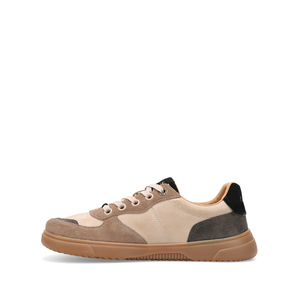 A low-top sneaker shown from the side profile on a clean white background. The shoe features a color-blocked design with beige and taupe suede panels, a dark gray heel accent, beige laces, and a thick brown gum sole.