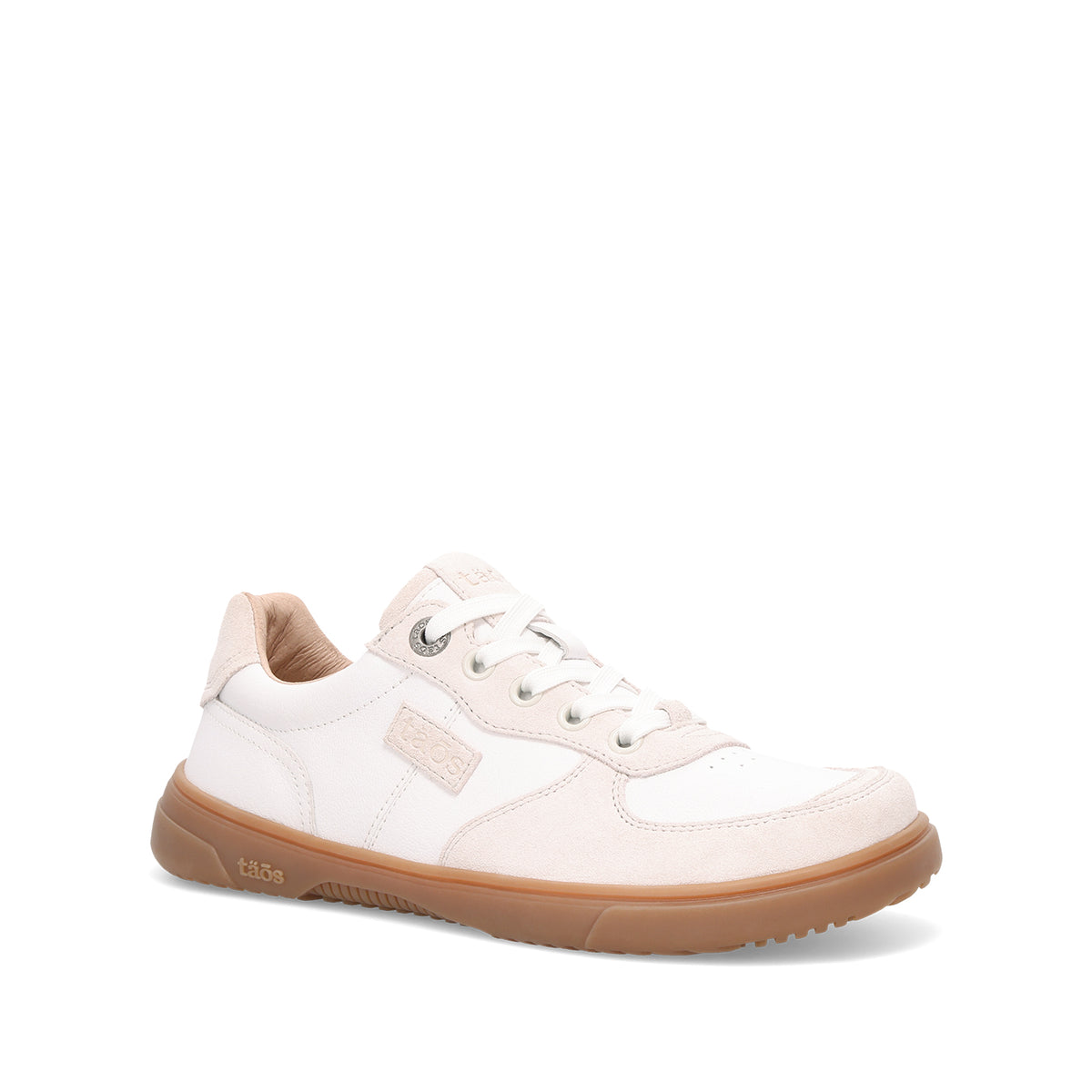 A low-top lace-up sneaker in off-white and light beige leather with a brown gum sole, shown from a three-quarters angle on a white background.