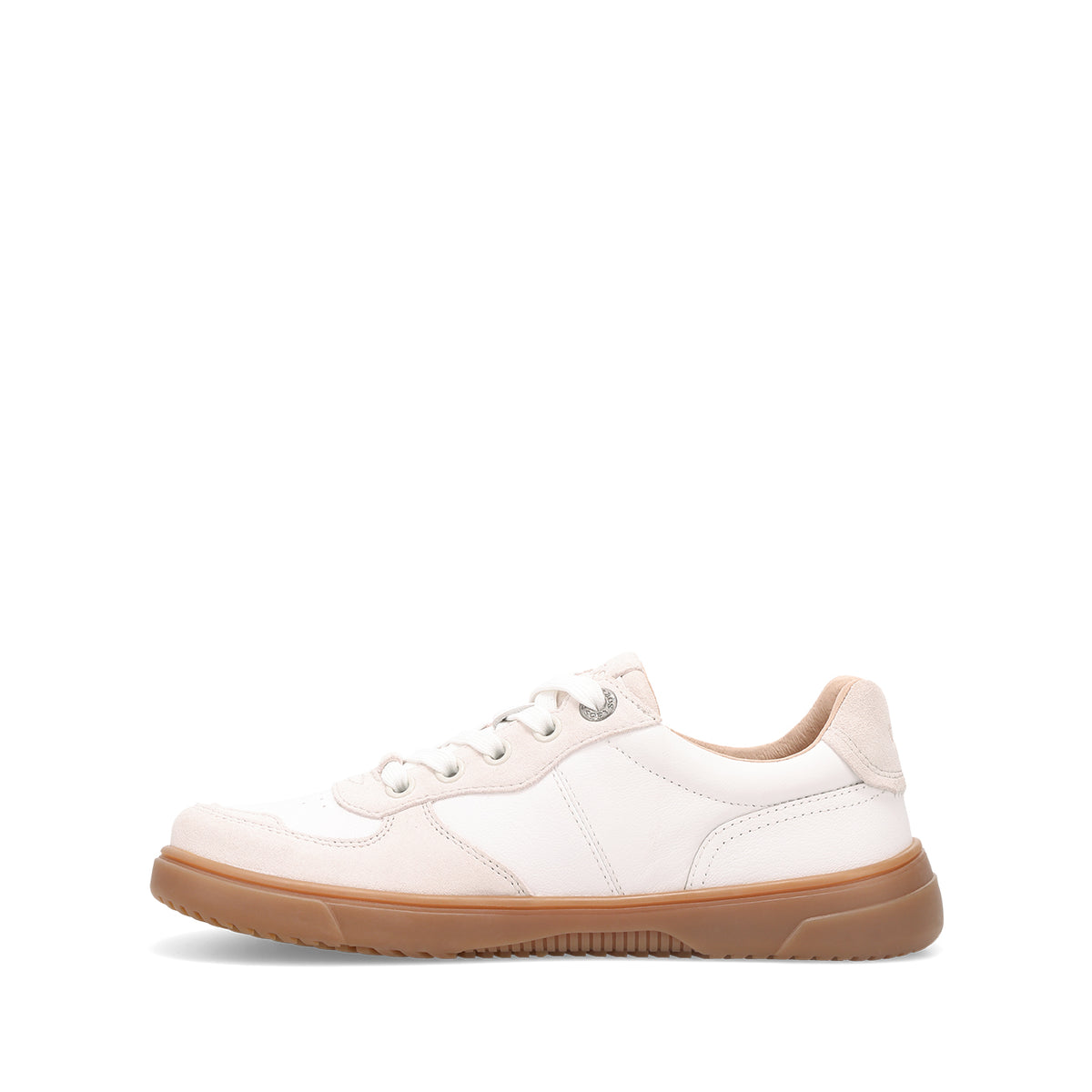 A low-top sneaker in off-white leather with a tan sole, shown in a side profile on a solid white background.