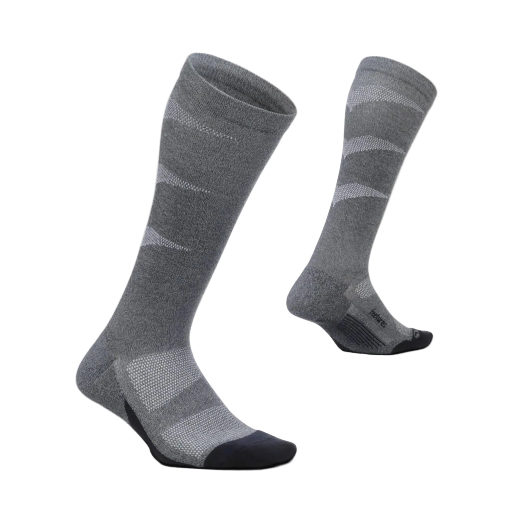 Pair of gray knee-high socks with striped pattern on a white background