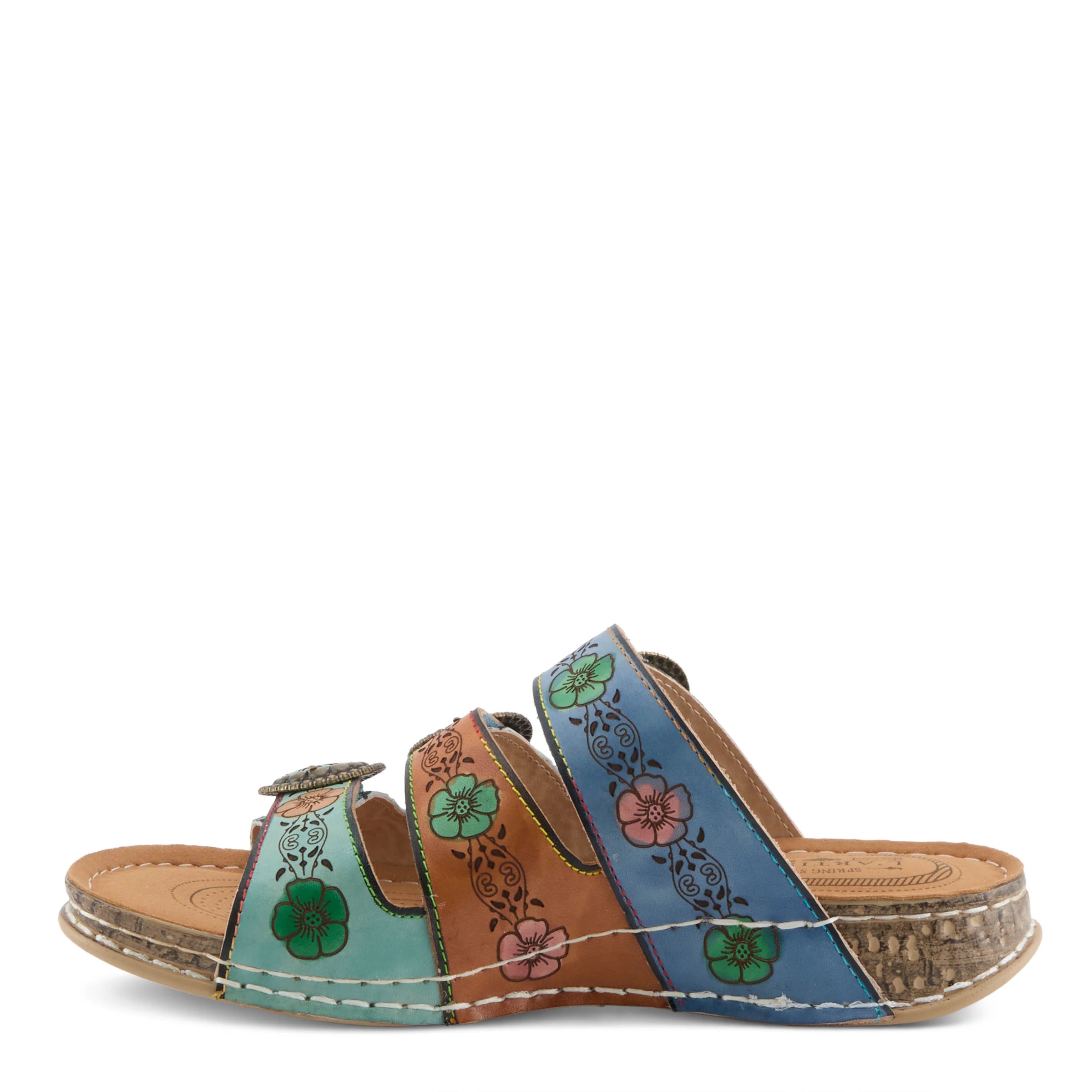 Colorful sandal with floral designs on a white background