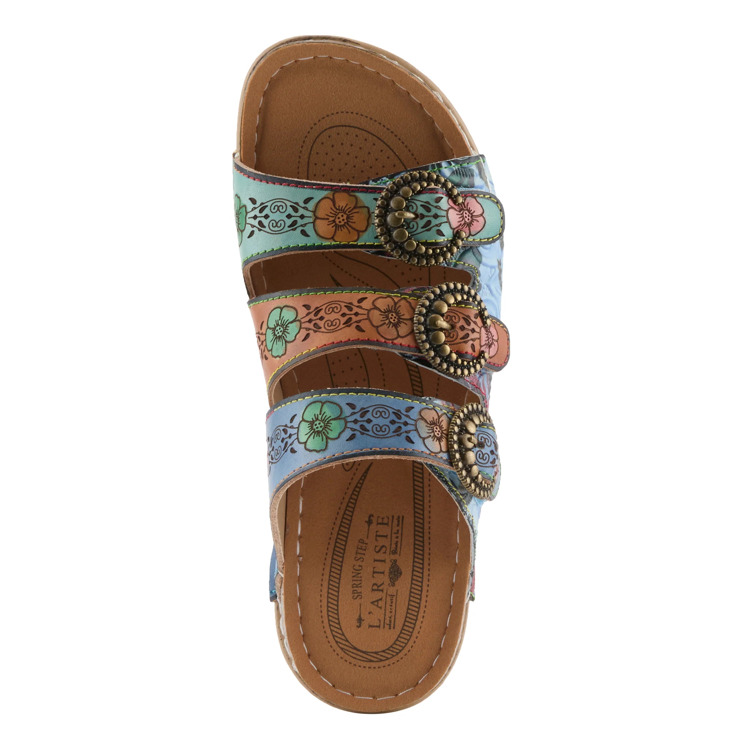 Colorful sandal with floral straps and decorative buckle on a white background