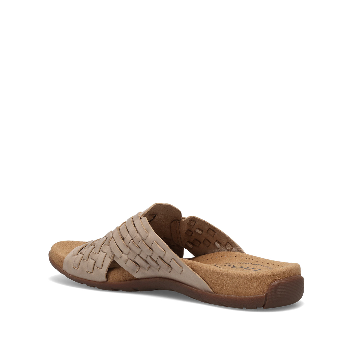 Brown sandal with woven design on a white background