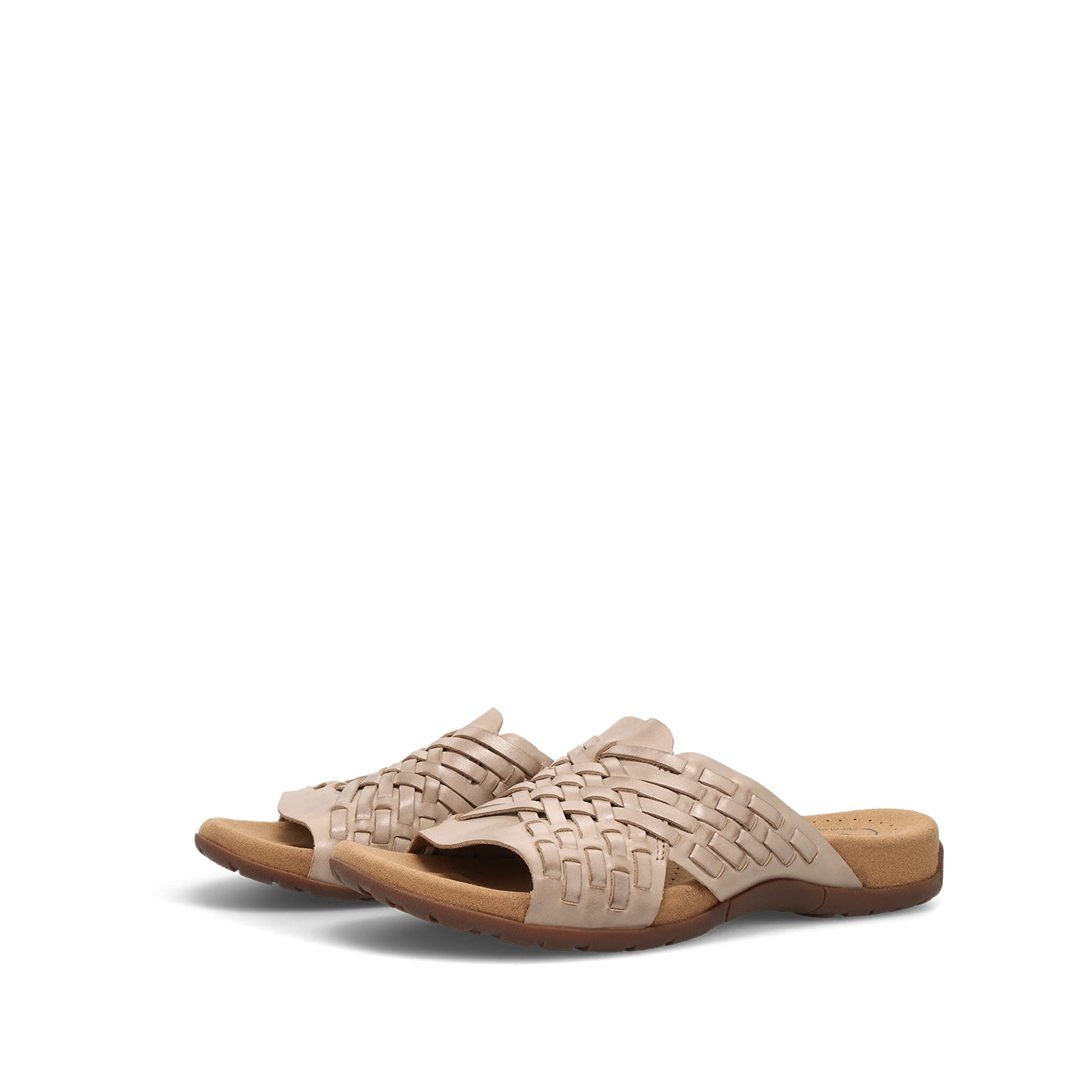 Pair of beige sandals with woven design on a white background
