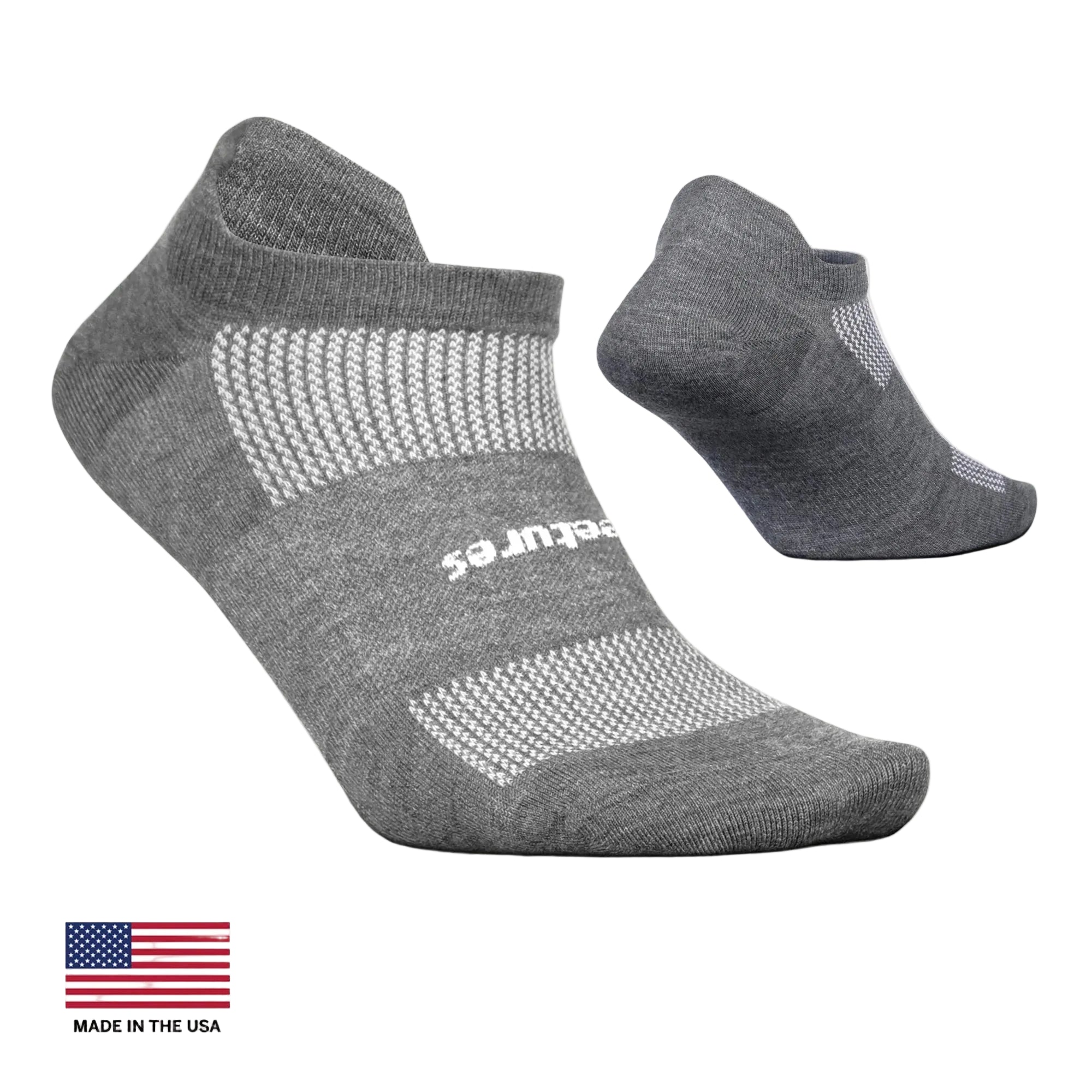 Gray ankle socks with 'feetures' branding on a white background, featuring a made in USA label.