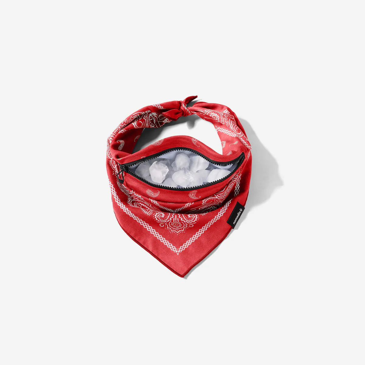 Red bandana with white patterns and a black zipper on a white background