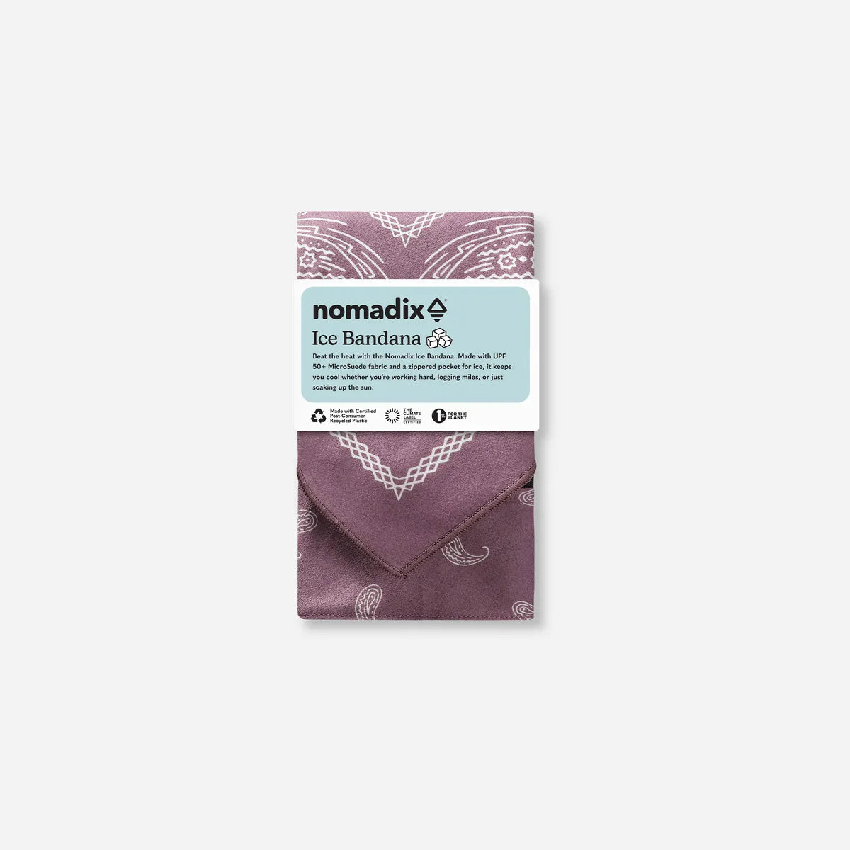 Nomadix ice bandana packaging with purple bandana on a white background