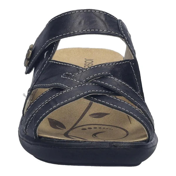 Navy sandal with a tan insole on a white background