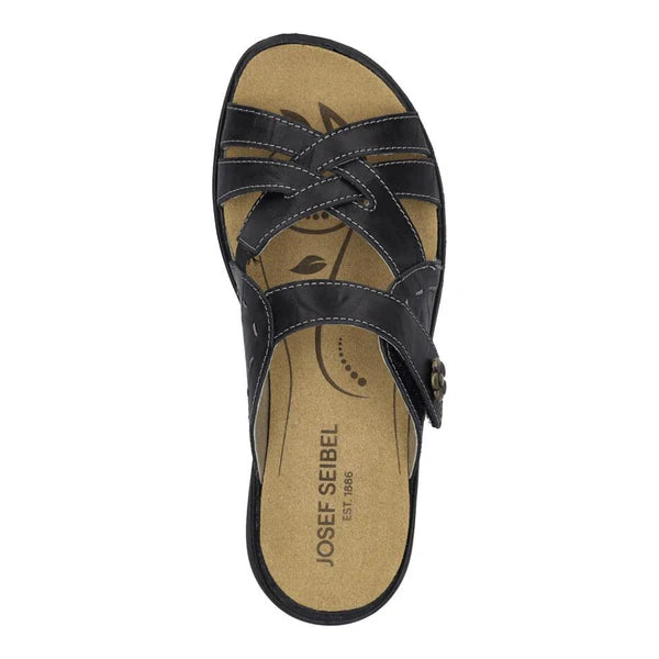 Black sandal with tan insole on a white background