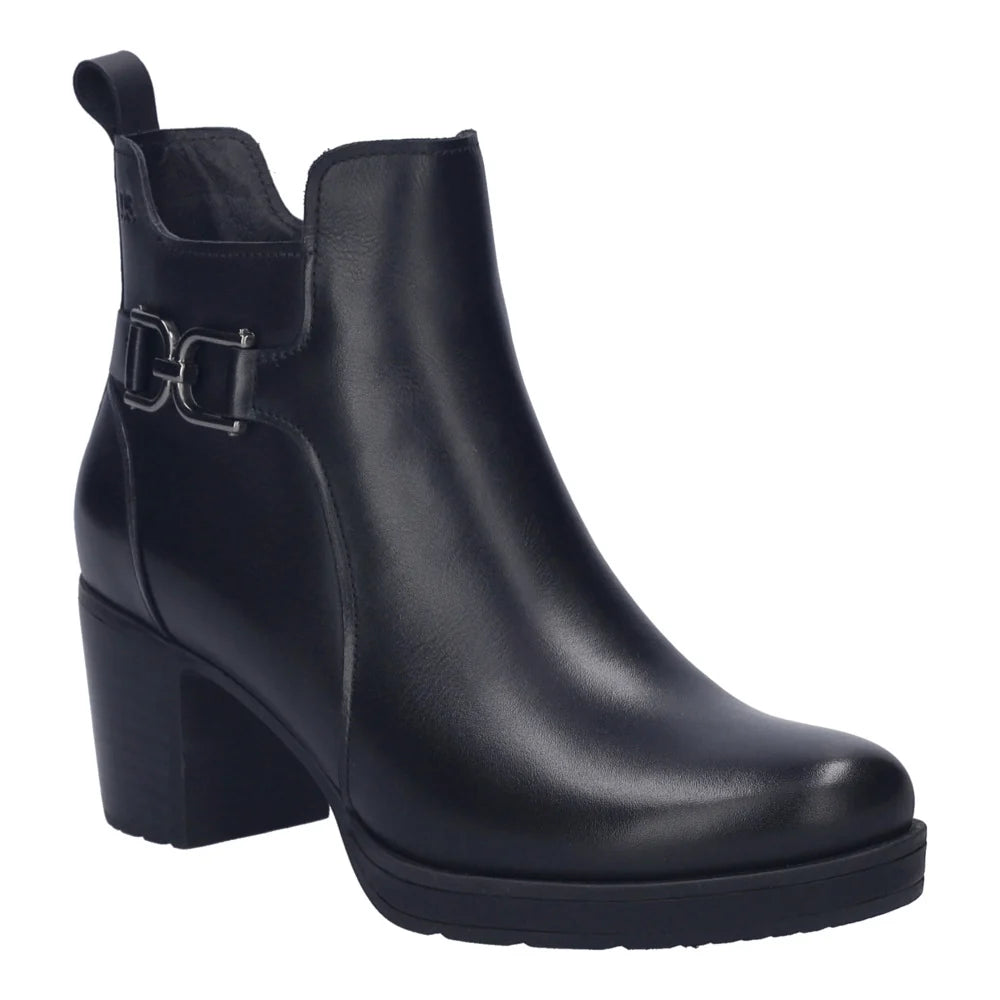 A single black leather ankle boot with a block heel, a decorative silver buckle detail on the side, and a pull tab at the top, shown against a plain white background.