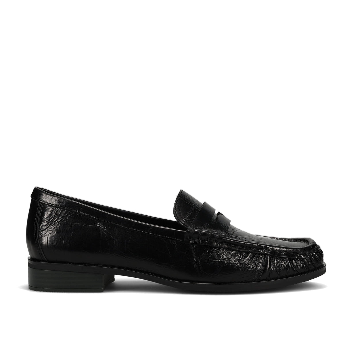 Black leather loafer shoe on a white background