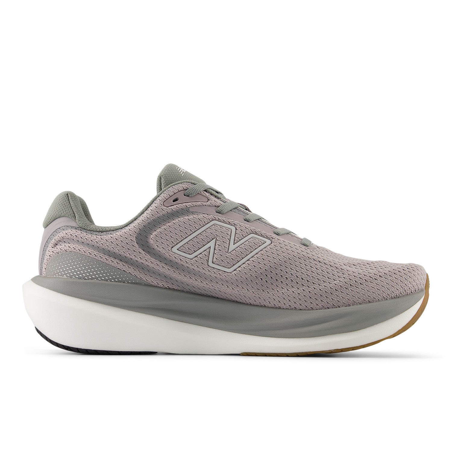 Gray running shoe with New Balance logo on a white background