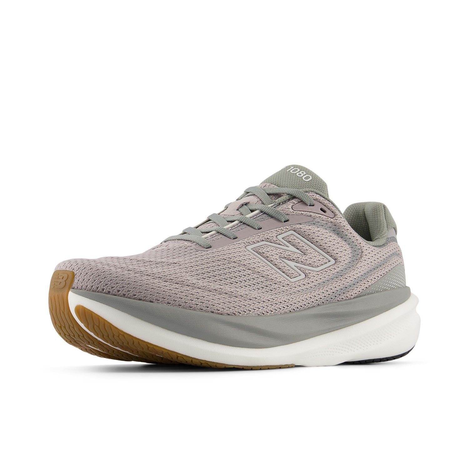 Gray running shoe with brown sole on a white background