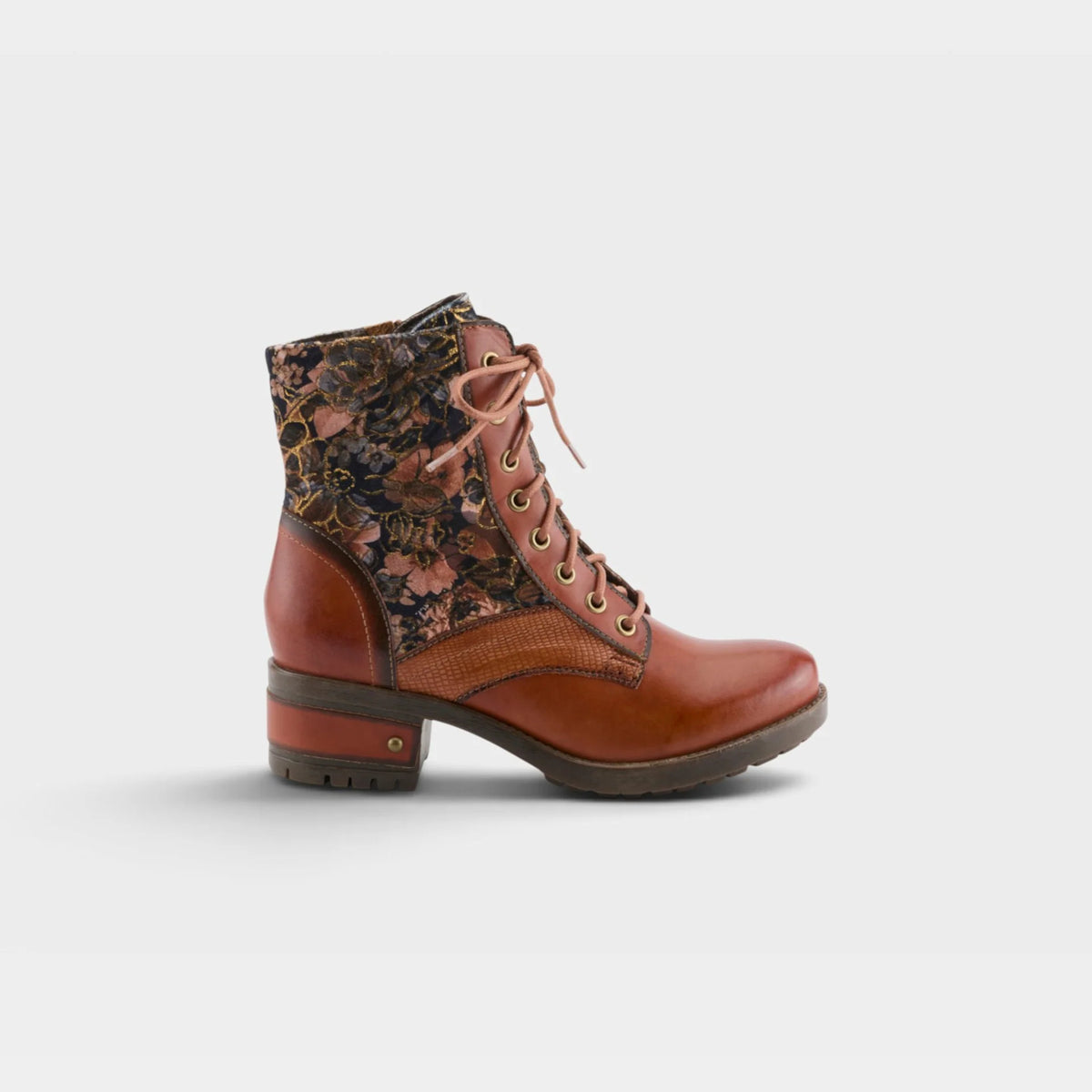 A women's lace-up ankle boot with a brown leather toe and heel, a floral patterned fabric upper, and brown laces, shown against a light gray background.