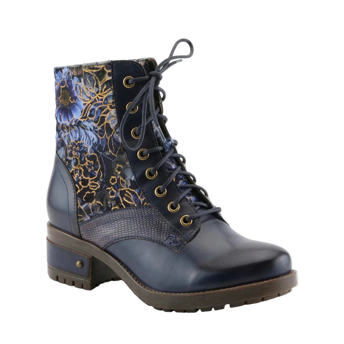 A navy blue lace-up ankle boot with a floral patterned collar, a textured snakeskin panel, and gold-tone eyelets, shown on a light gray background.