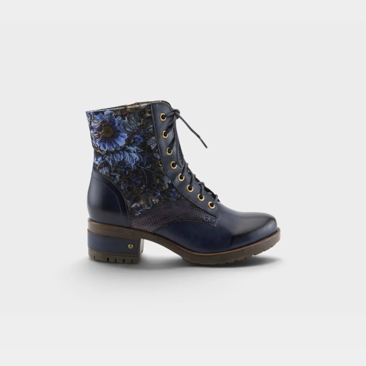A navy blue lace-up ankle boot with a floral print pattern on the side and a chunky block heel, shown from a side profile on a light gray background.