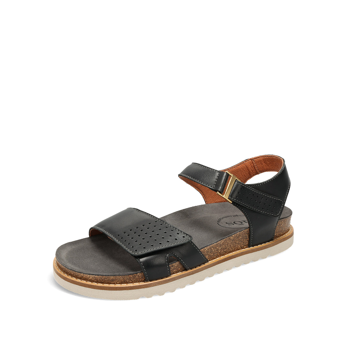 Black sandal with brown sole on a white background