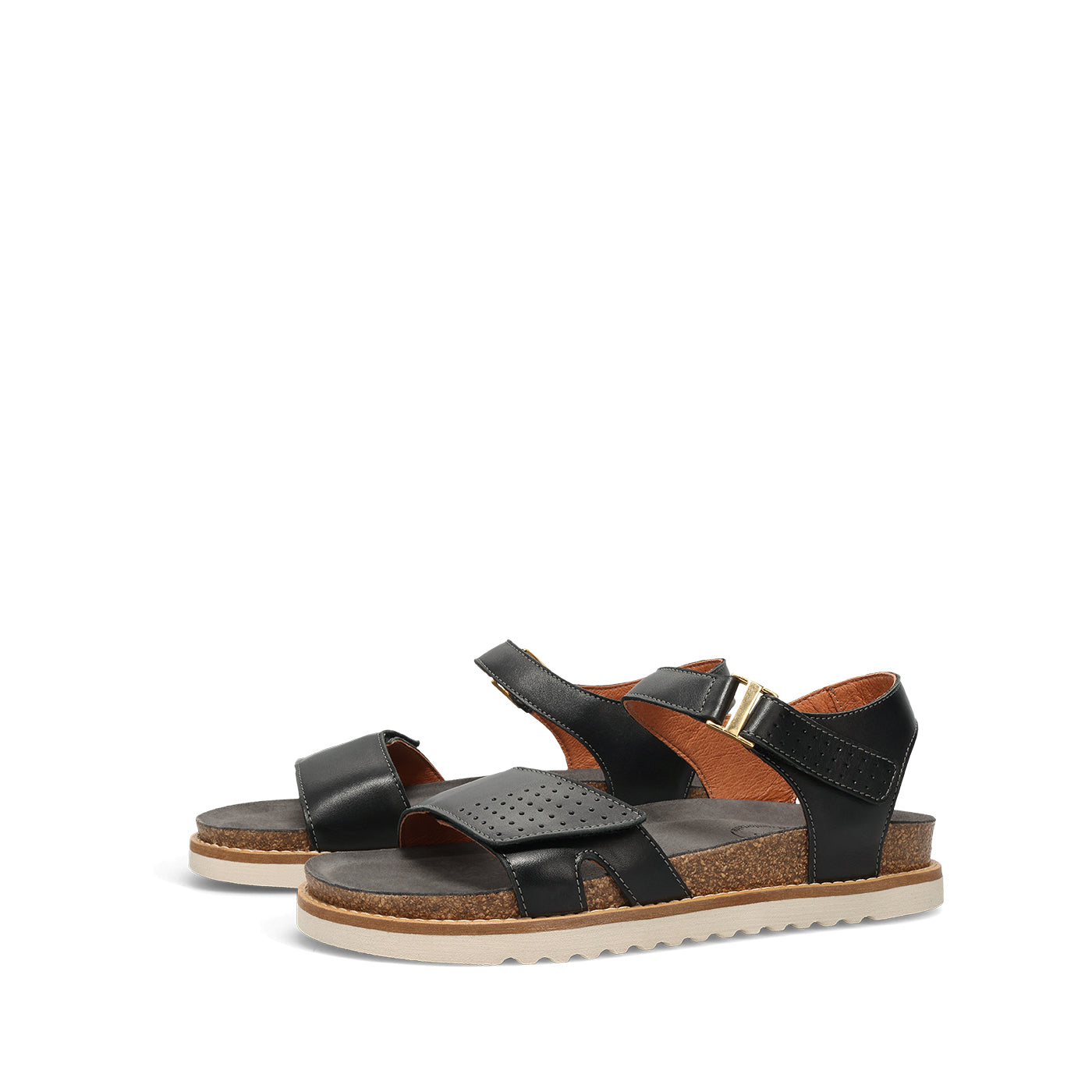 Black sandals with cork insole on a white background