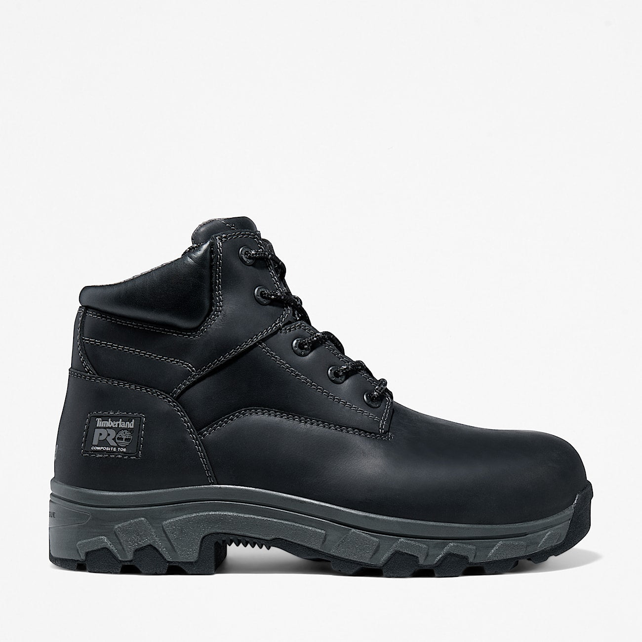 Black leather boot with a visible brand logo on a white background