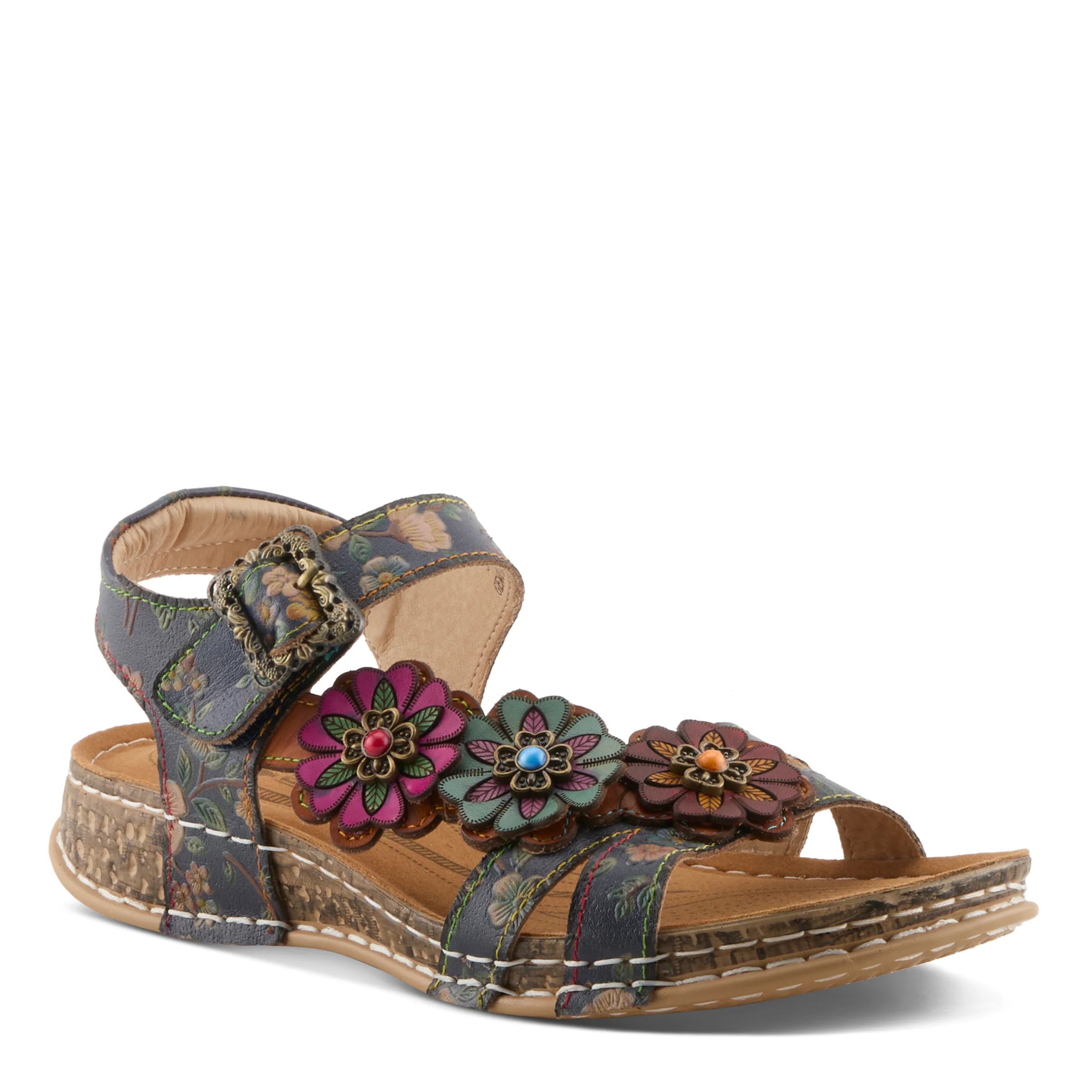 Multicolored sandal with floral decorations on a white background