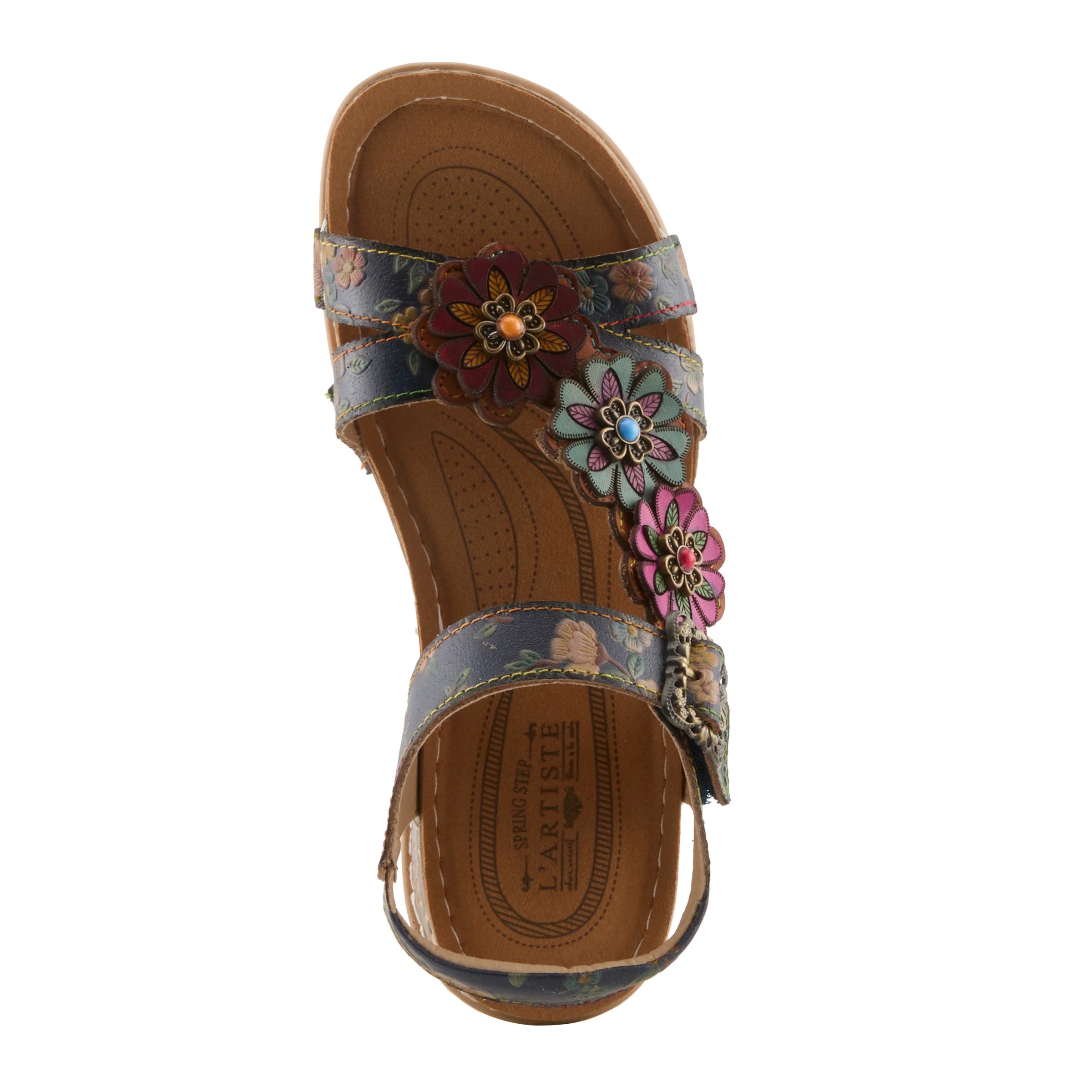 Brown sandal with floral decorations on a white background