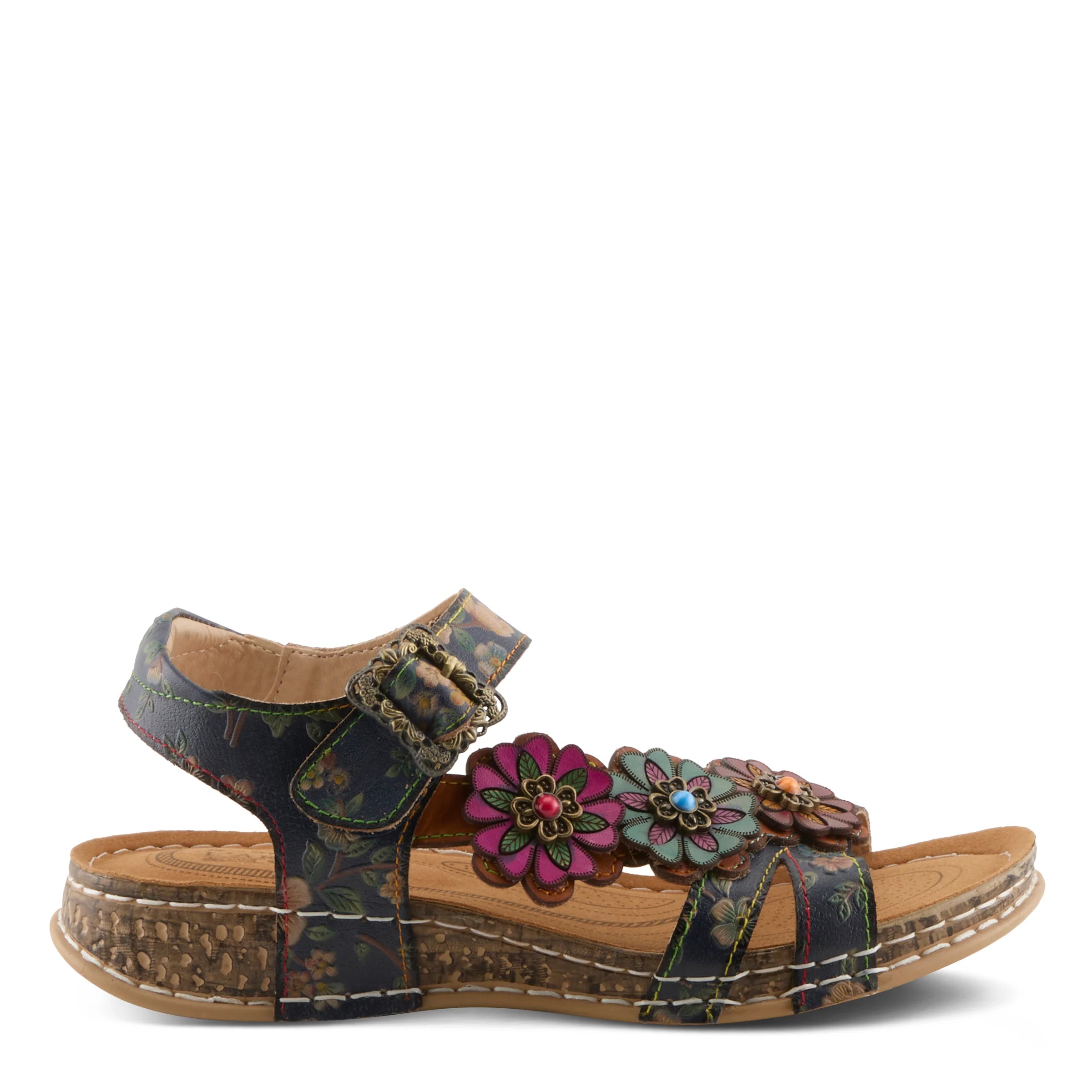 Multicolored sandal with floral decorations on a white background