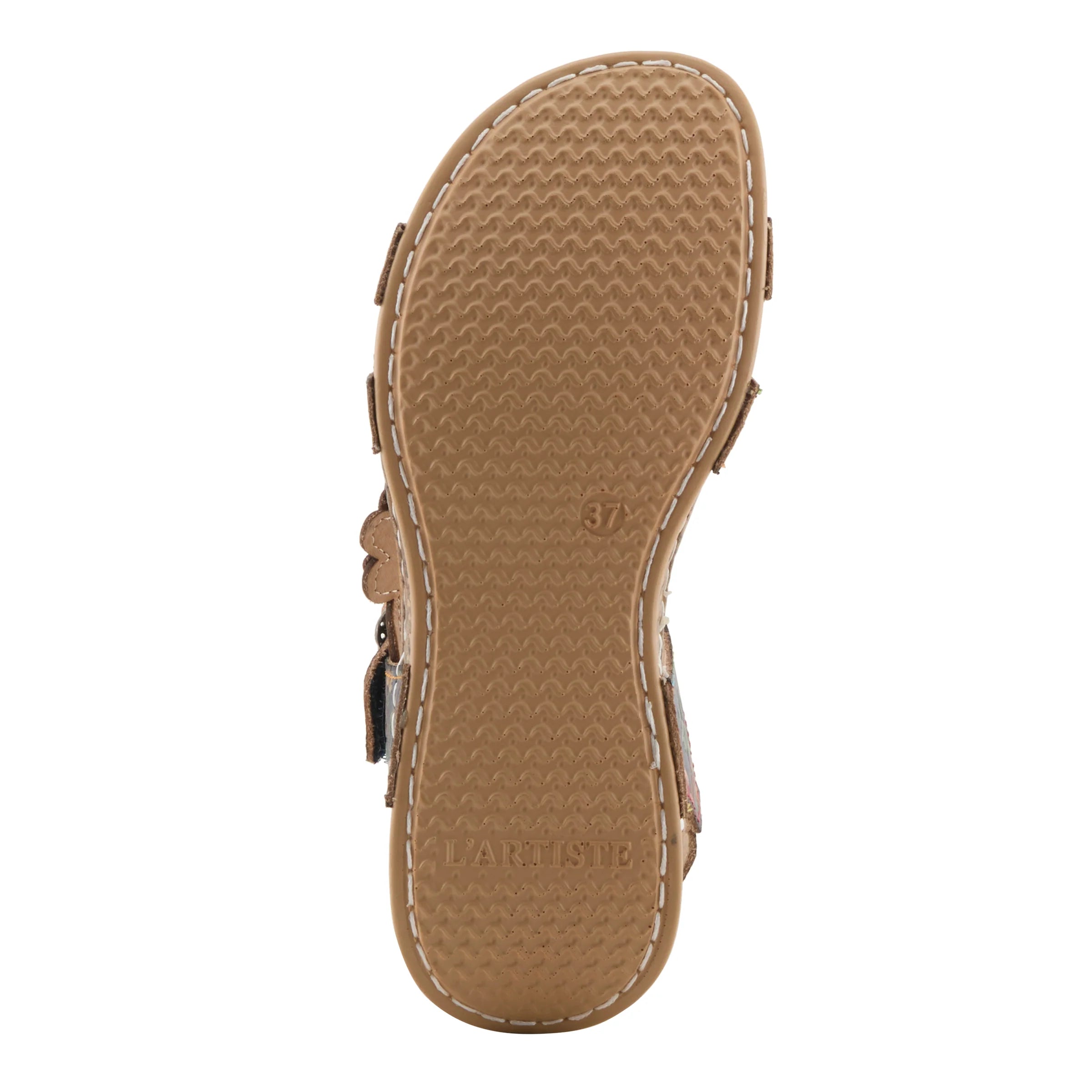 Brown sandal sole with brand name on a white background