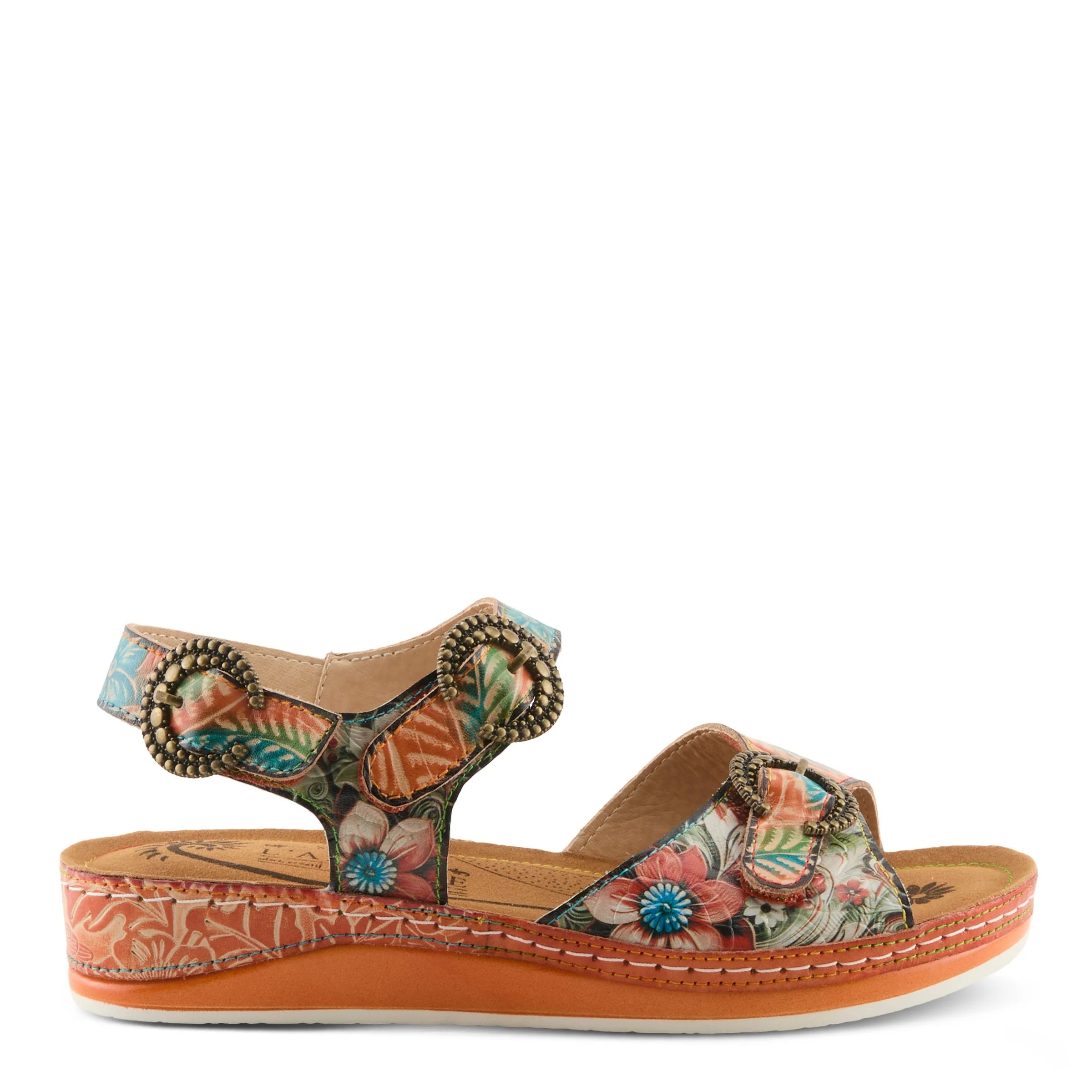 Floral sandal with a colorful pattern on a white background