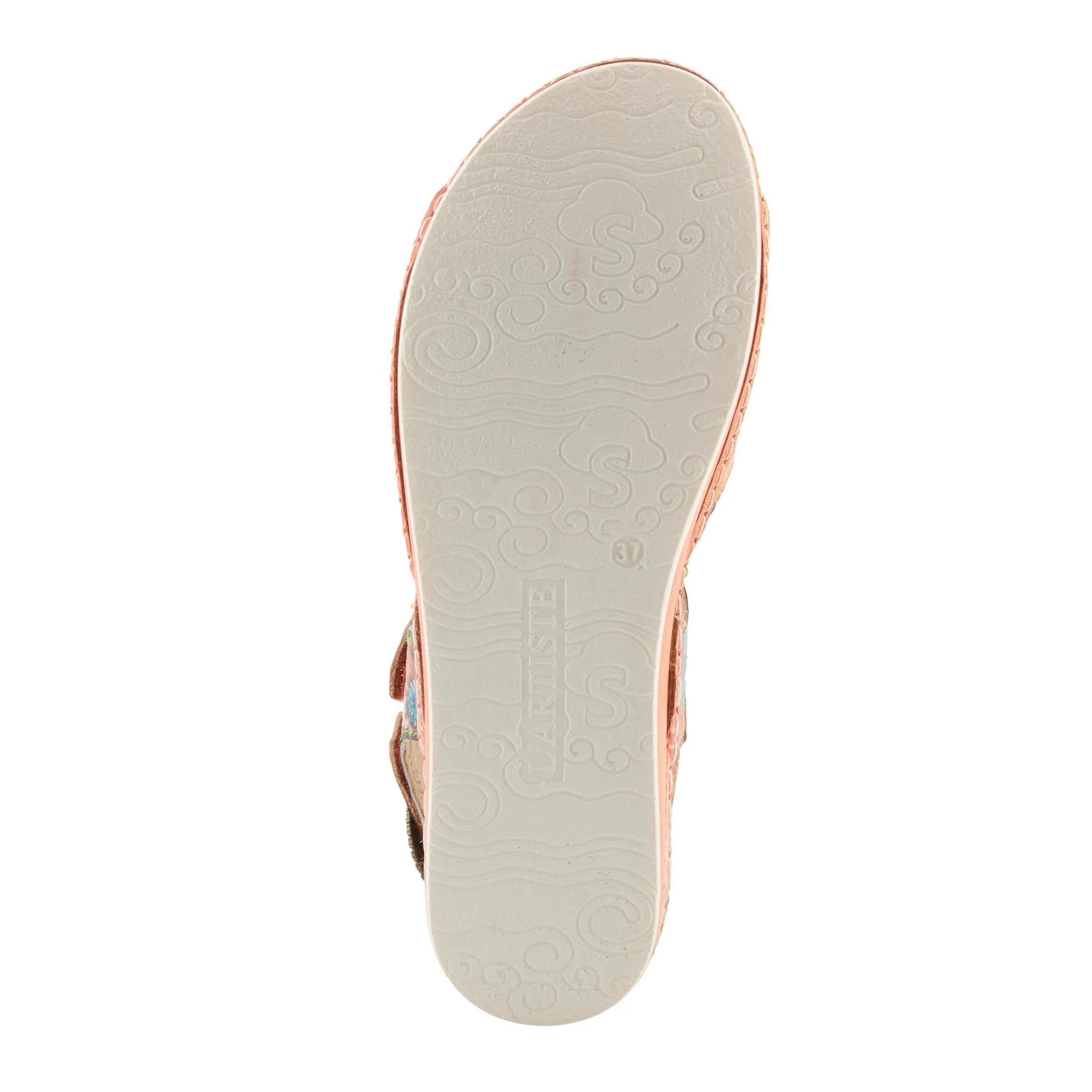 Close-up of a sandal sole with brand logo on a white background