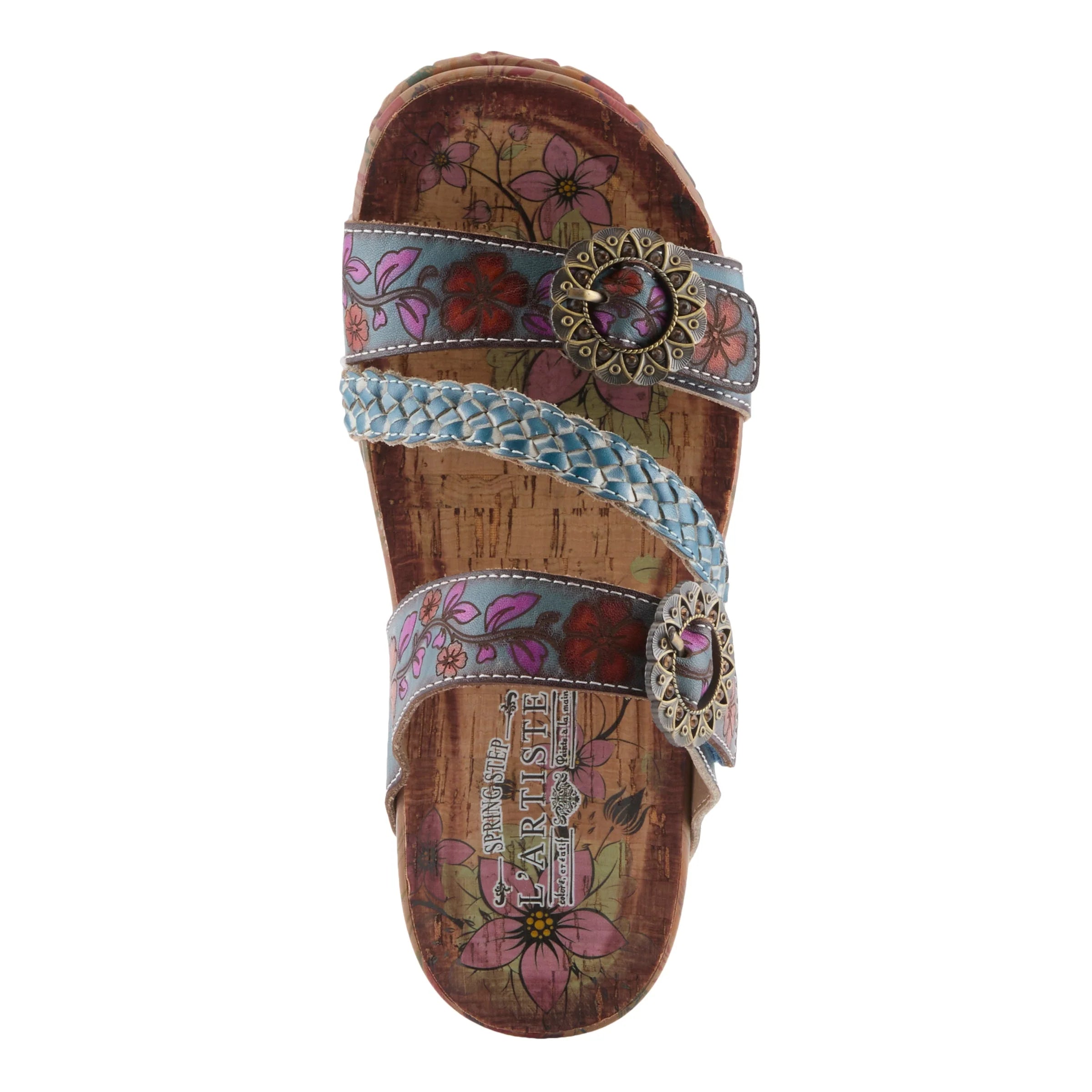 Multicolored sandal with floral patterns on a white background