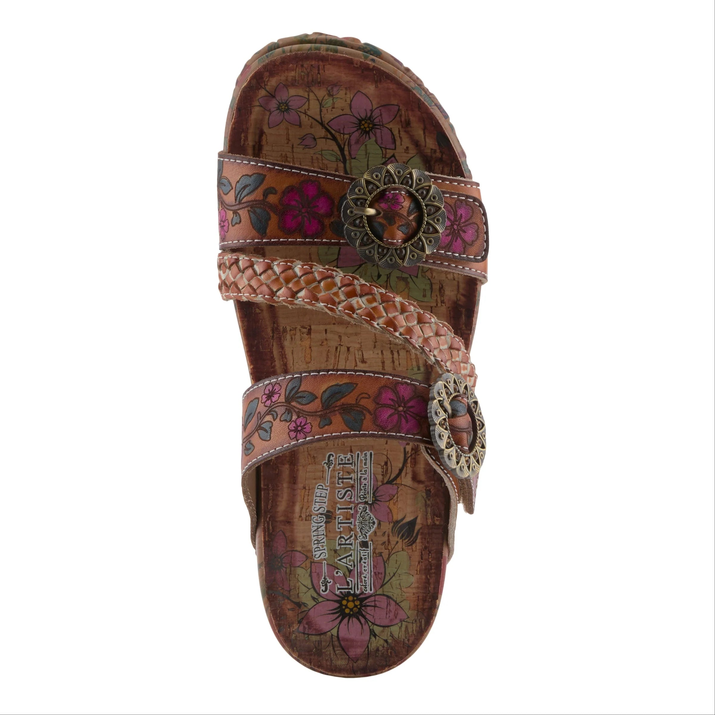 Brown sandal with floral patterns and decorative buckle on a white background