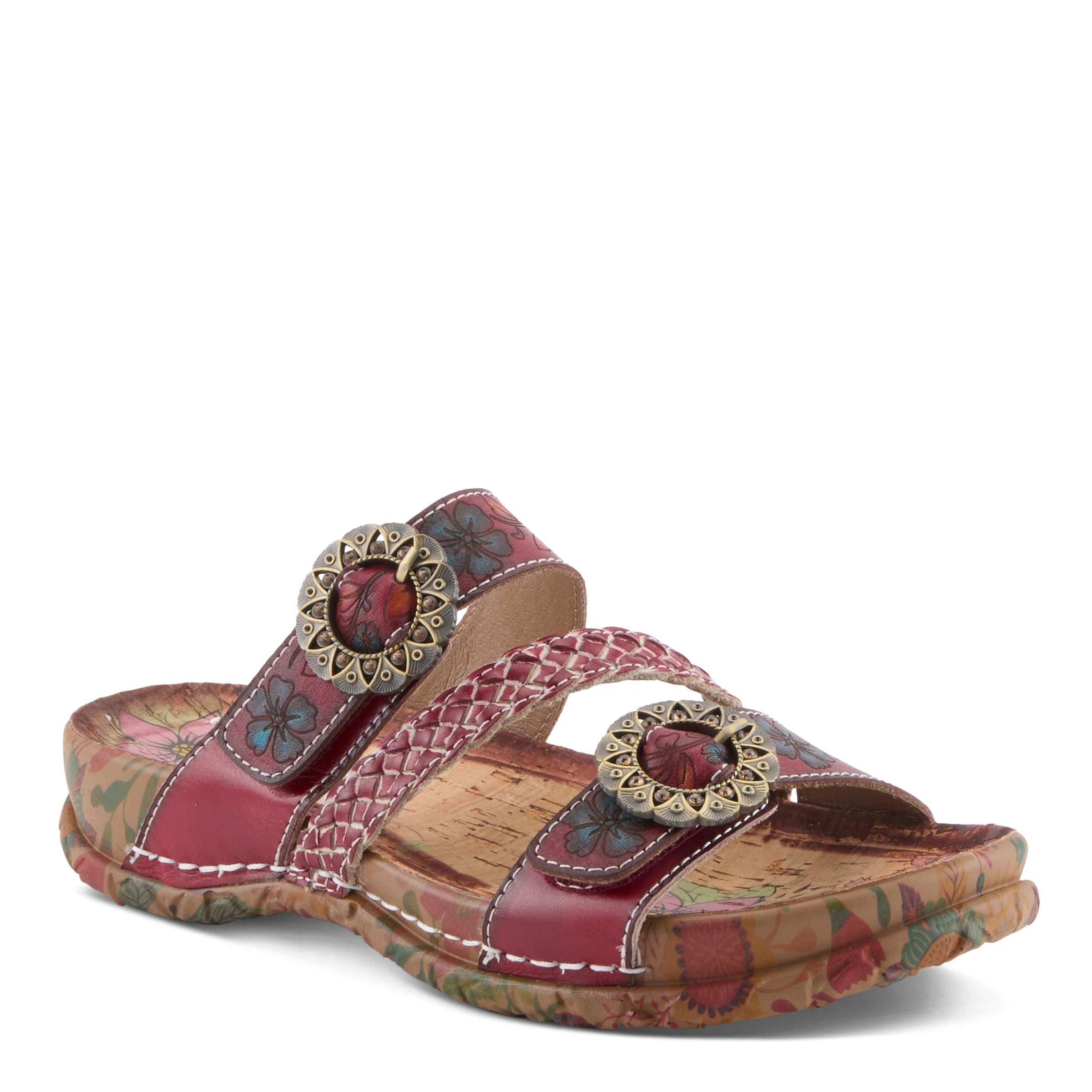 Multicolored sandal with decorative straps on a white background