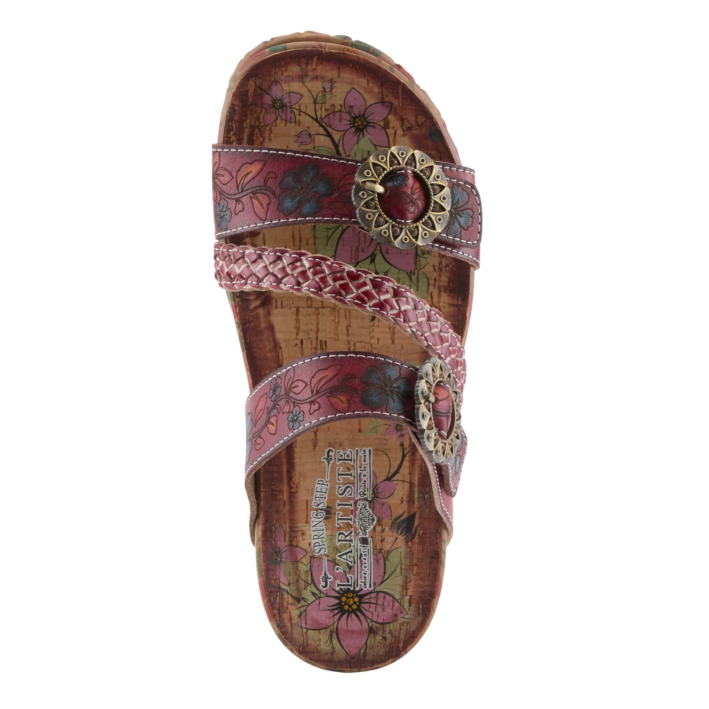 Multicolored sandal with floral patterns and braided straps on a white background