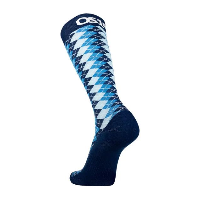 Blue and white checkered sock with a brand logo on a white background