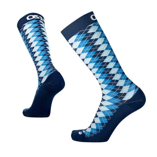 Pair of blue and white argyle pattern socks on a white background