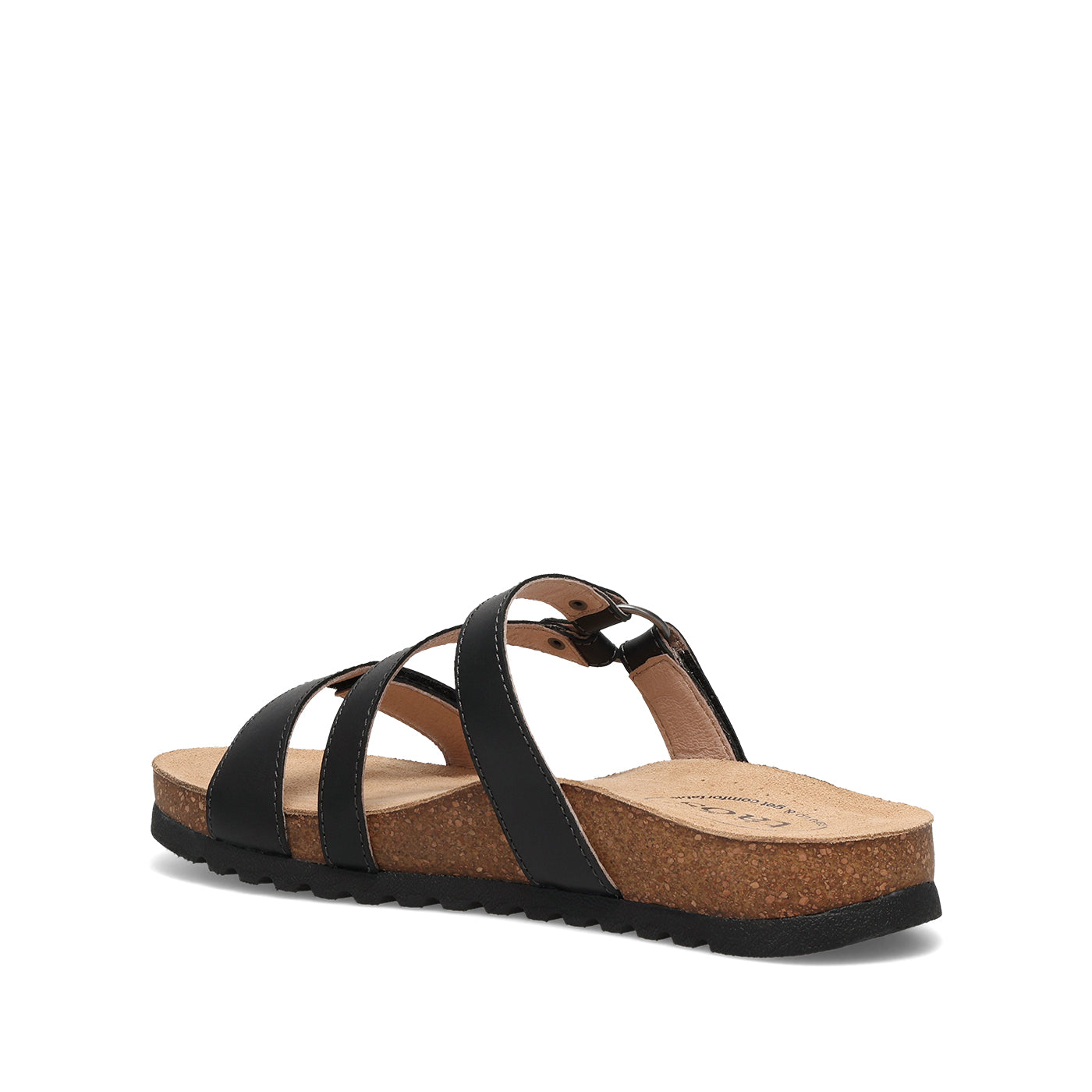Black sandal with cork sole on a white background