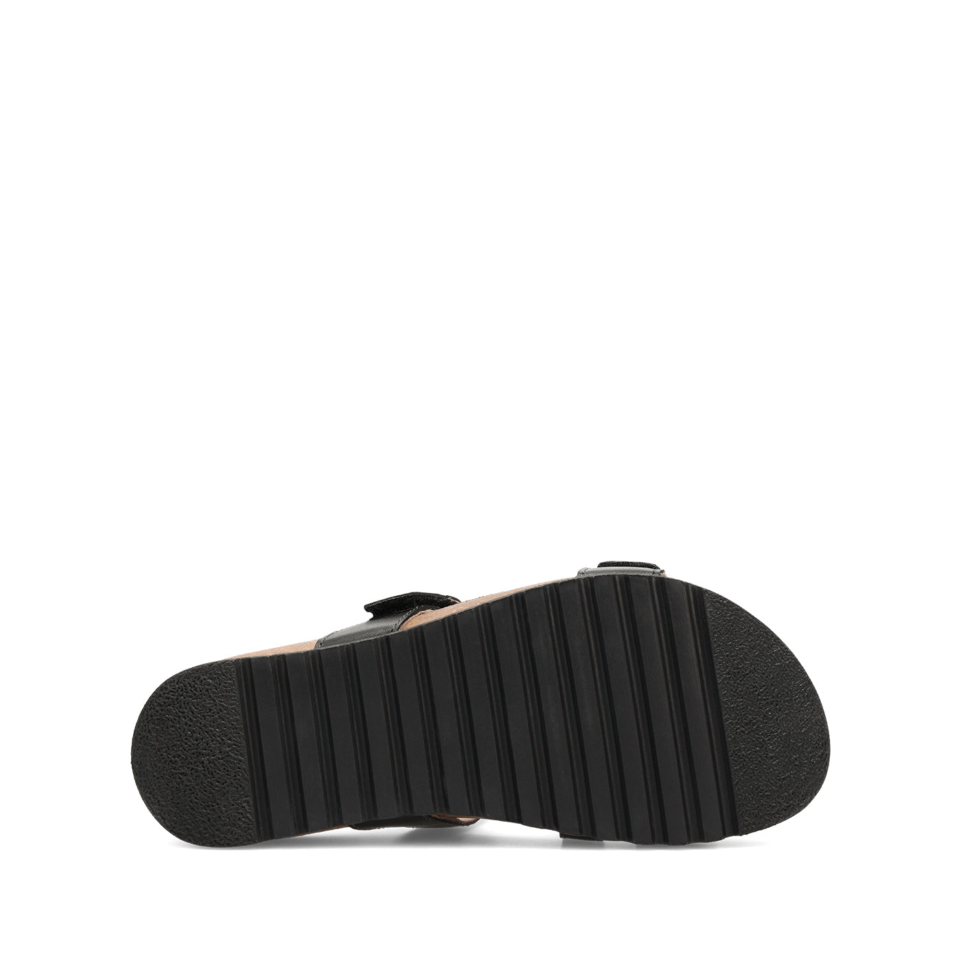Black sandal with a thick sole on a white background