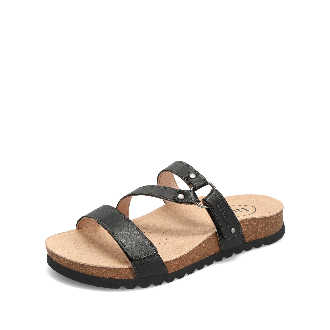 Black sandal with cork sole on a white background