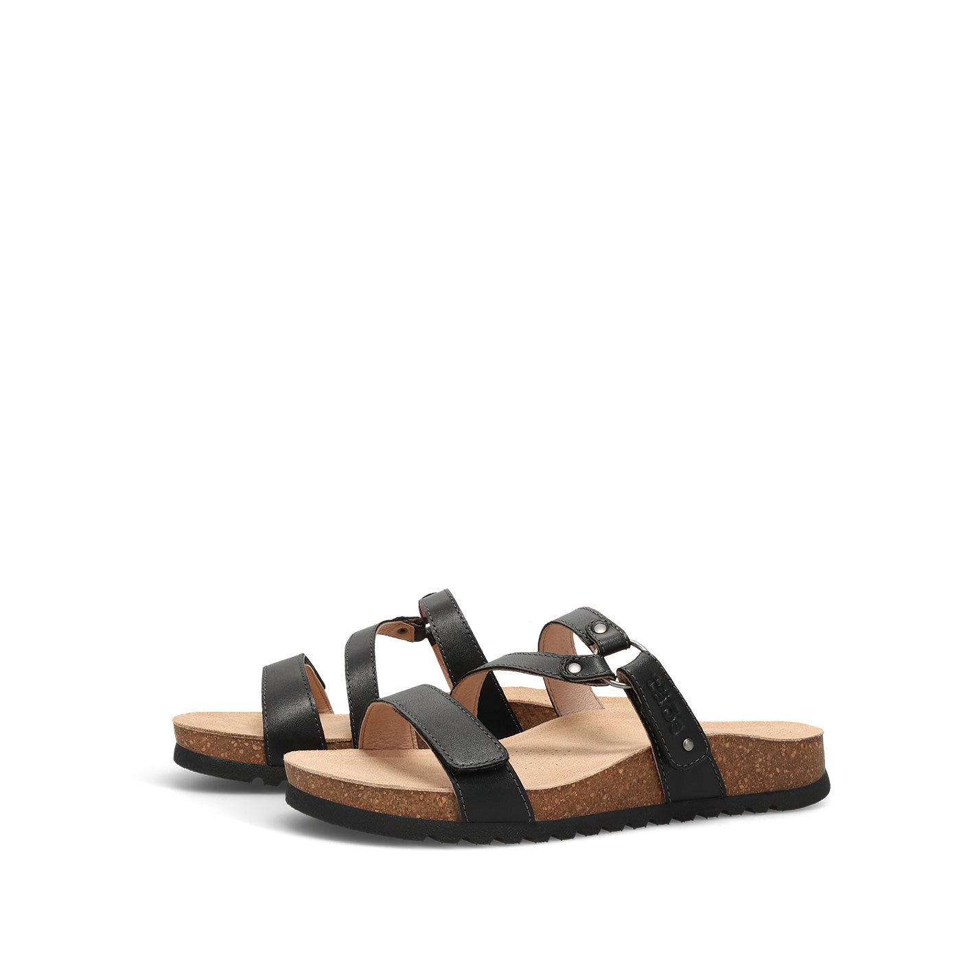 Black sandals with cork sole on a white background