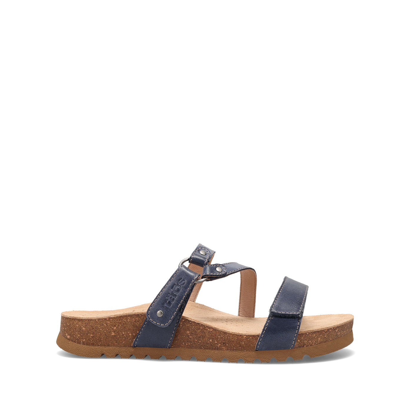 Navy sandal with cork sole on a white background