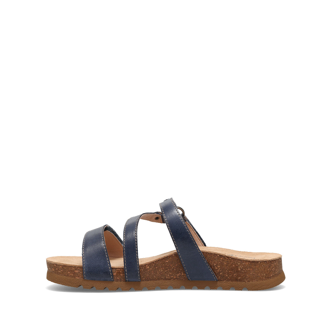 Navy sandal with a brown sole on a white background