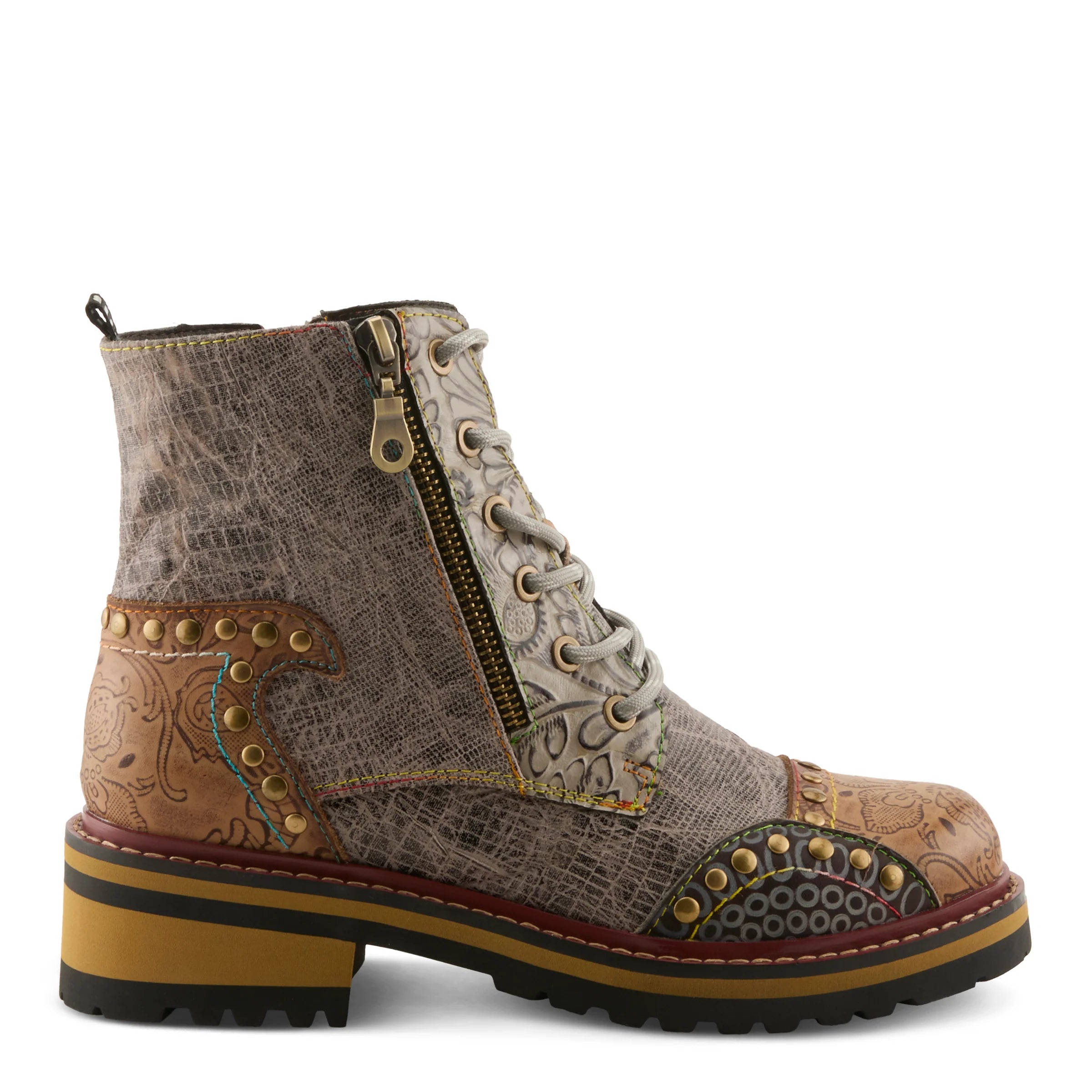 A western-style ankle boot with a distressed brown and beige textured upper, tooled leather details, lace-up front, side zipper, and a chunky yellow and black platform sole.