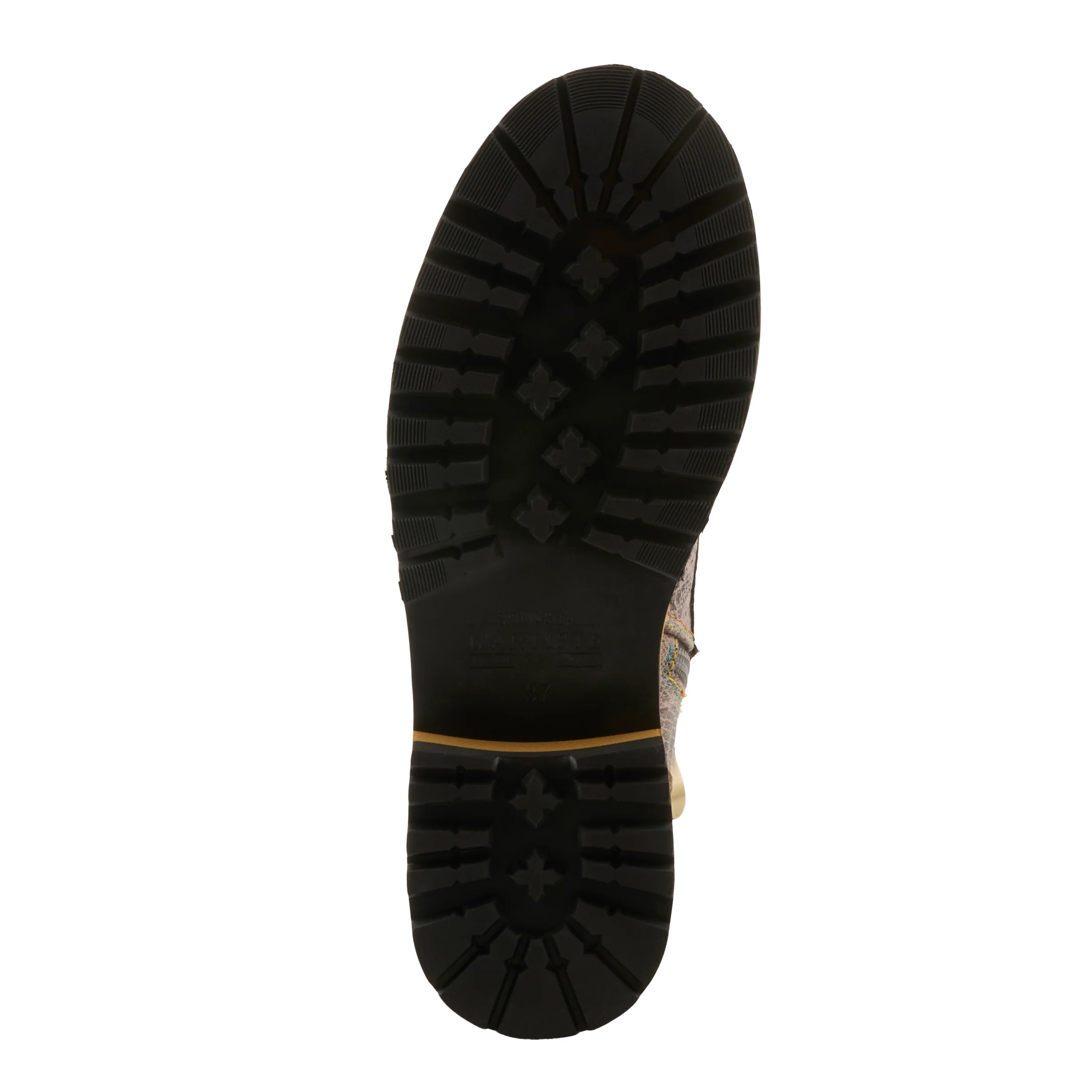 The black rubber outsole of a boot, shown from a top-down view against a plain white background.