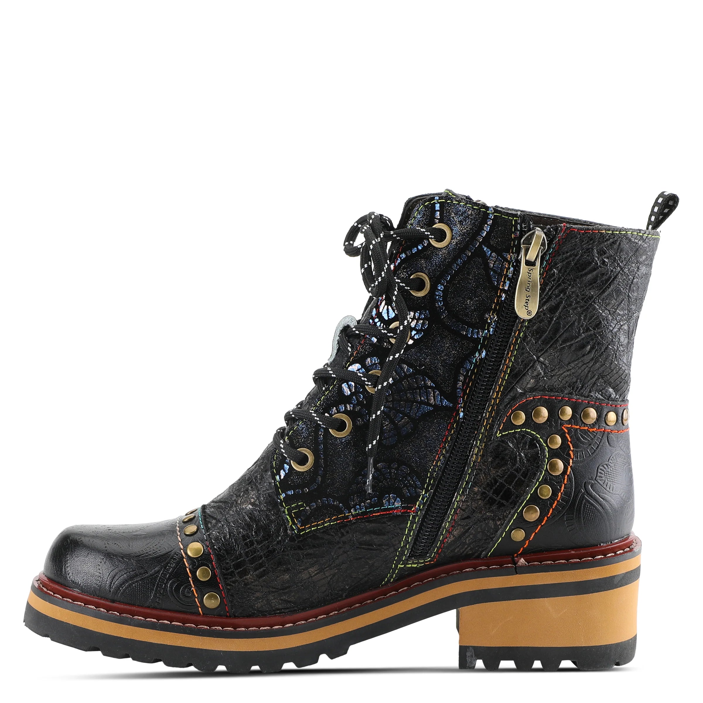 Black leather boot with brown sole on a white background