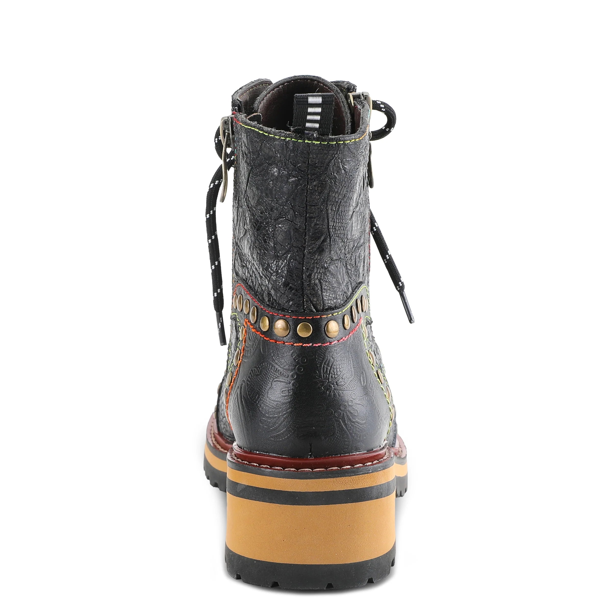 Black leather boot with brown sole on a white background
